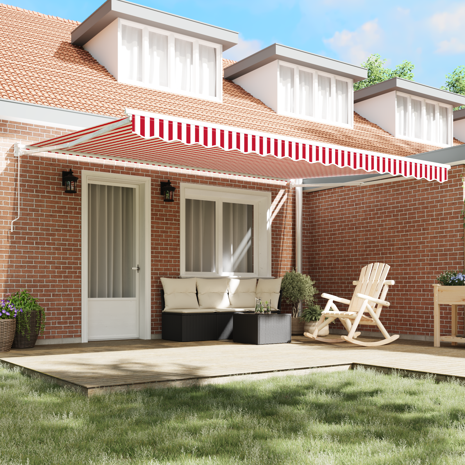 vidaXL Handmatig uitschuifbaar ligbed Rood met Witte Strepen 450x300 cm