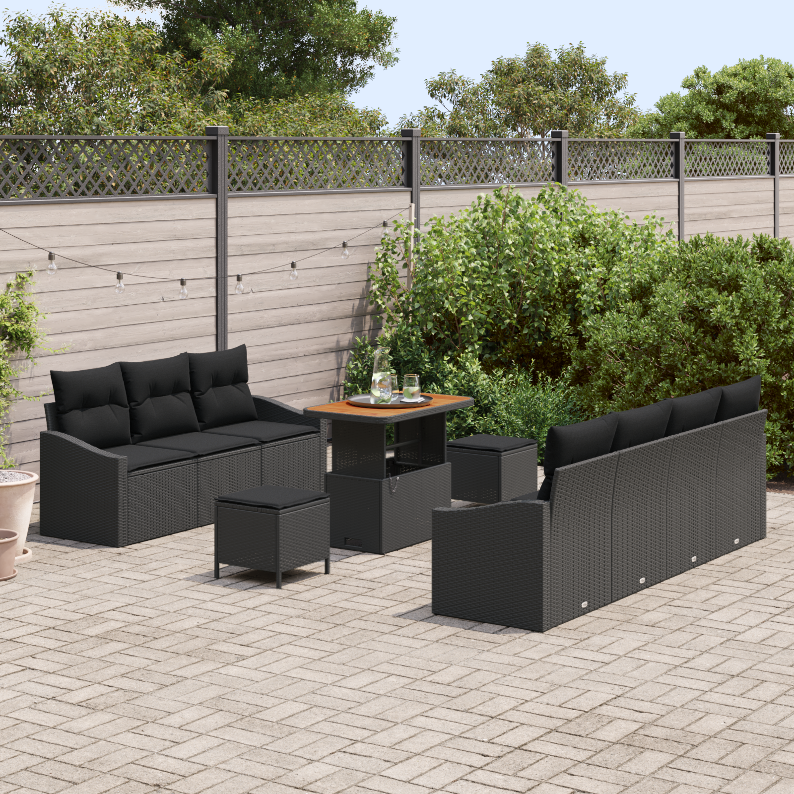 vidaXL 10-delige tuinset met kussens in zwart poly rattan en acacia