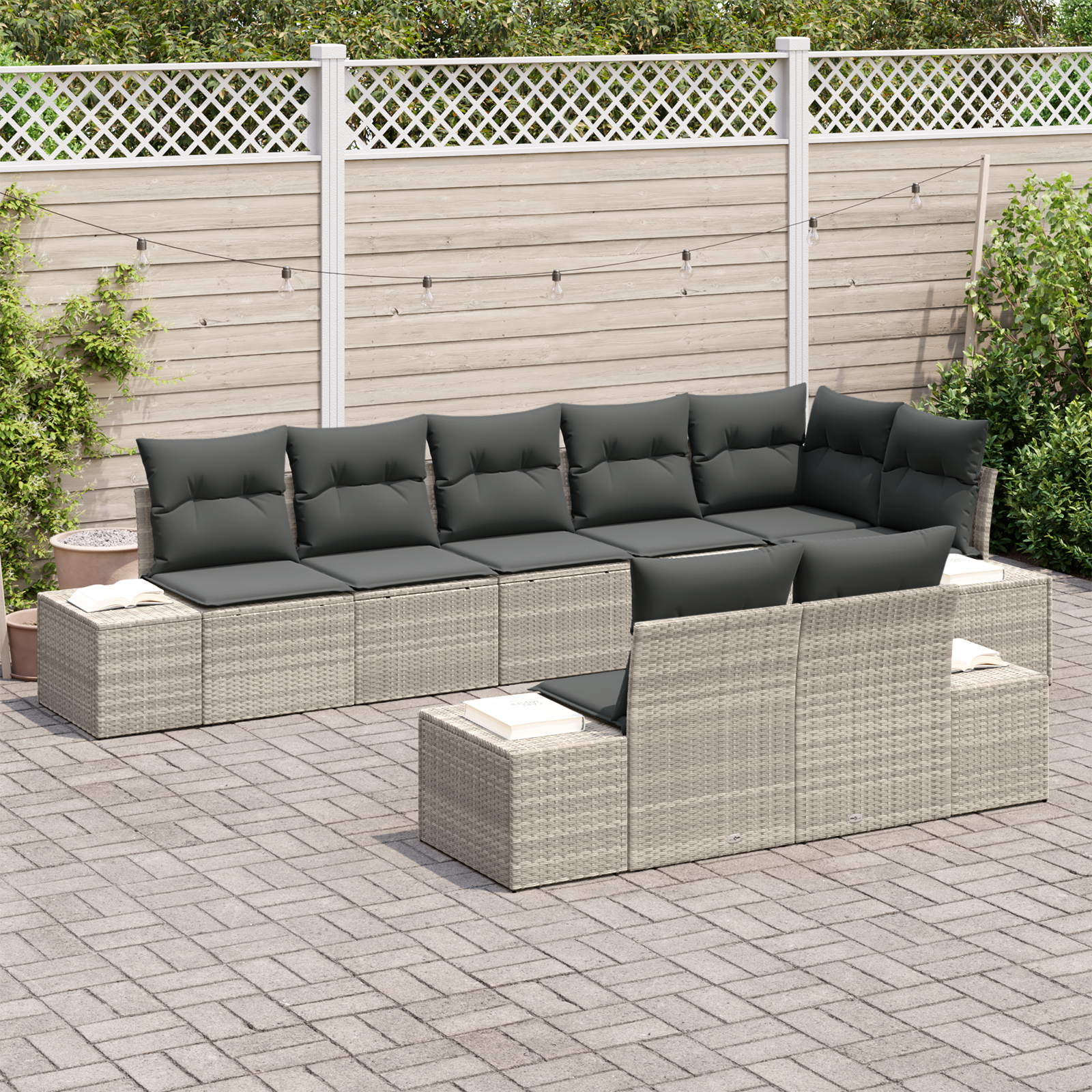 vidaXL 8-delige Tuinbankenset met kussens poly rattan lichtgrijs
