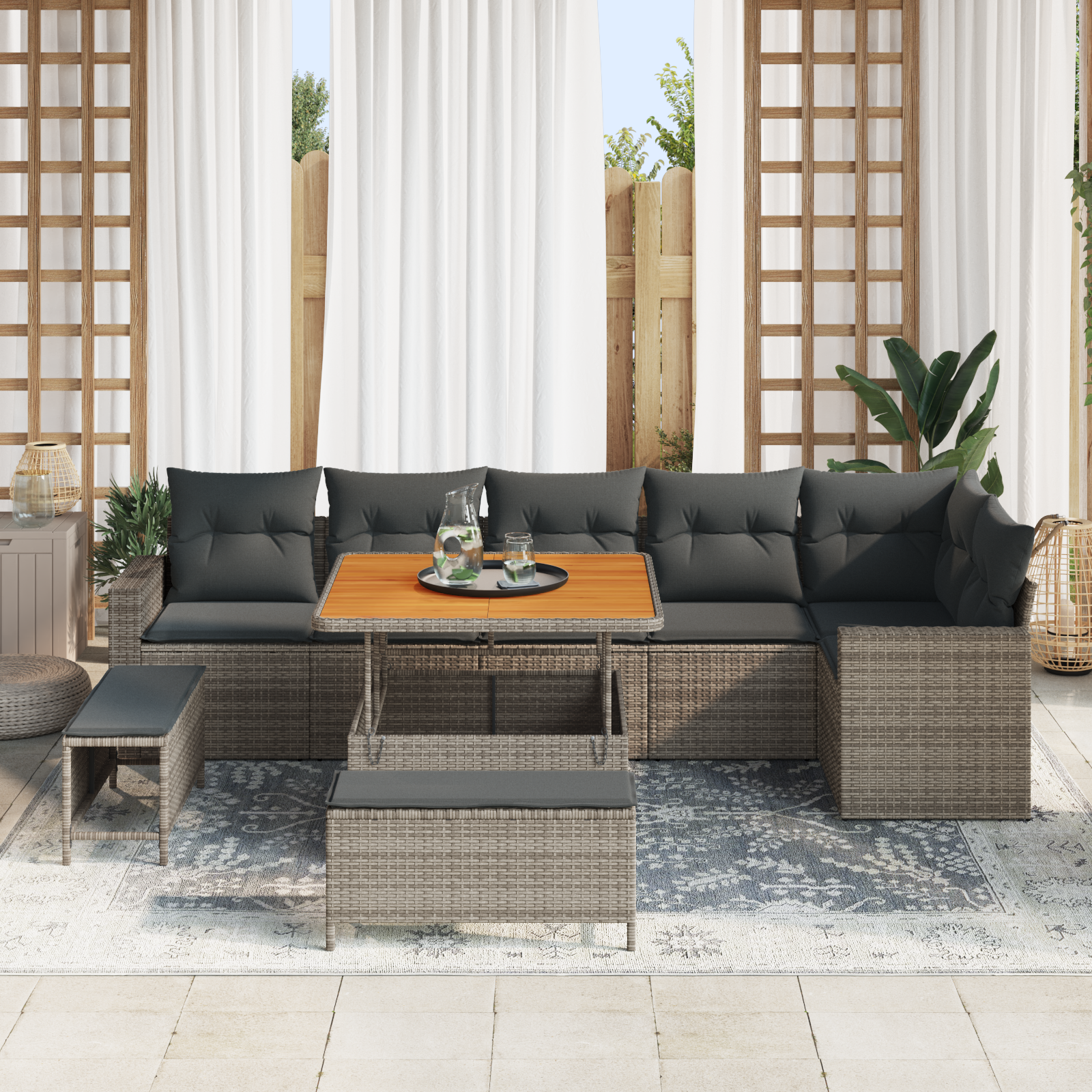 vidaXL 9-delige Tuinbankenset met kussens poly rattan acacia grijs