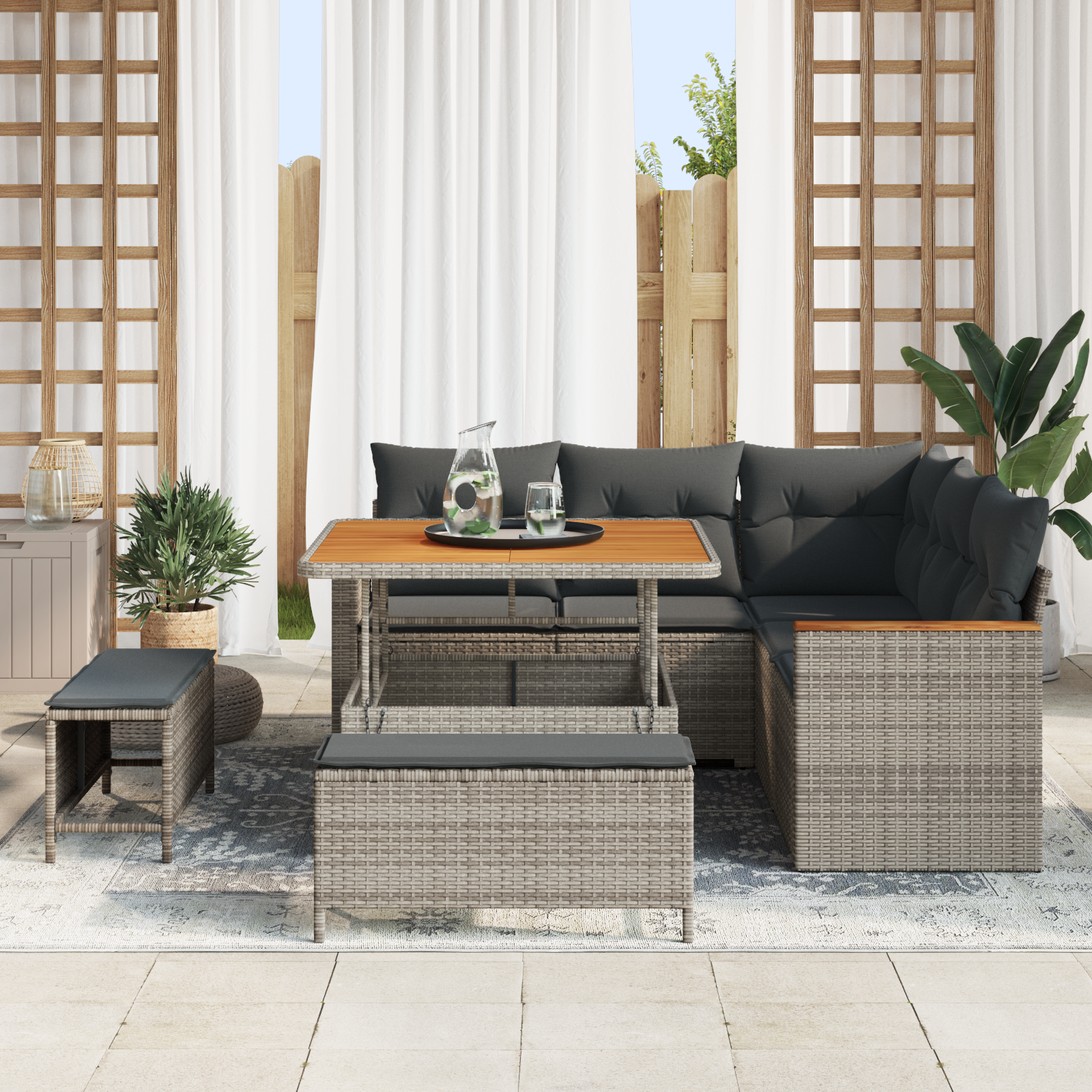 vidaXL 8-delige Tuinbankenset met kussens poly rattan acacia grijs