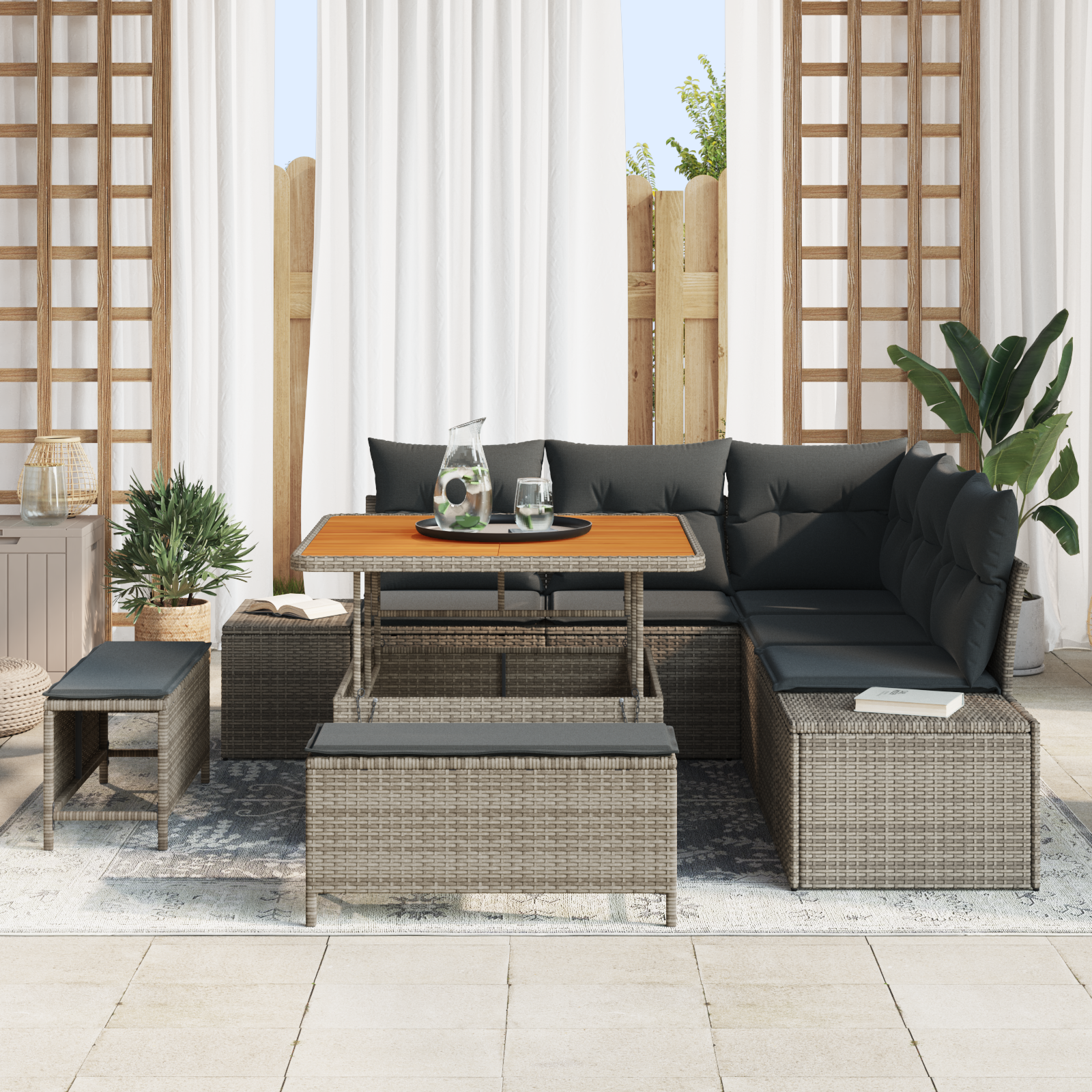 vidaXL 8-delige tuinsofa set met kussens - Grijs Poly Rattan Acacia