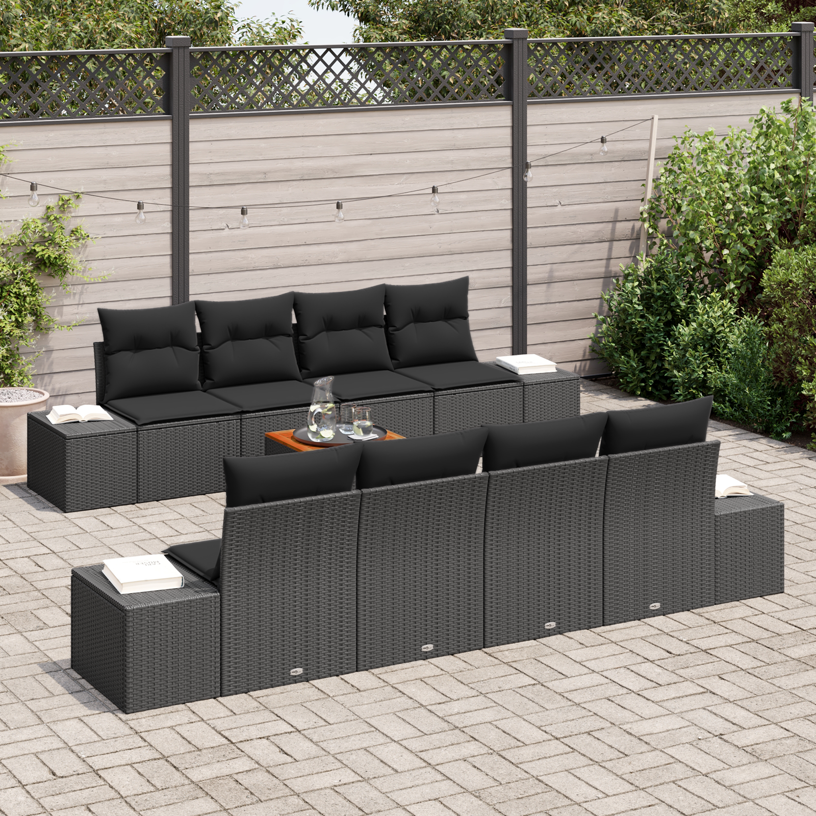 vidaXL 9-delige Tuinbankenset met kussens poly rattan acaciahout zwart
