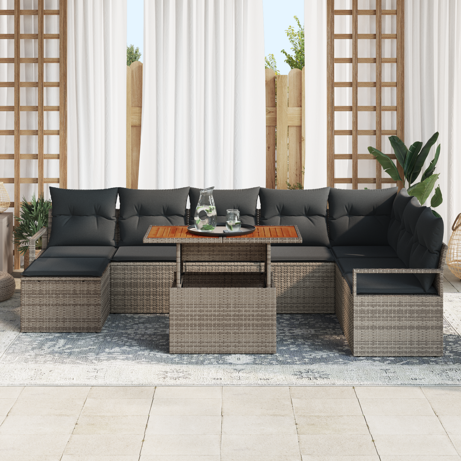 vidaXL 9-delige Tuinbankenset met kussens poly rattan grijs