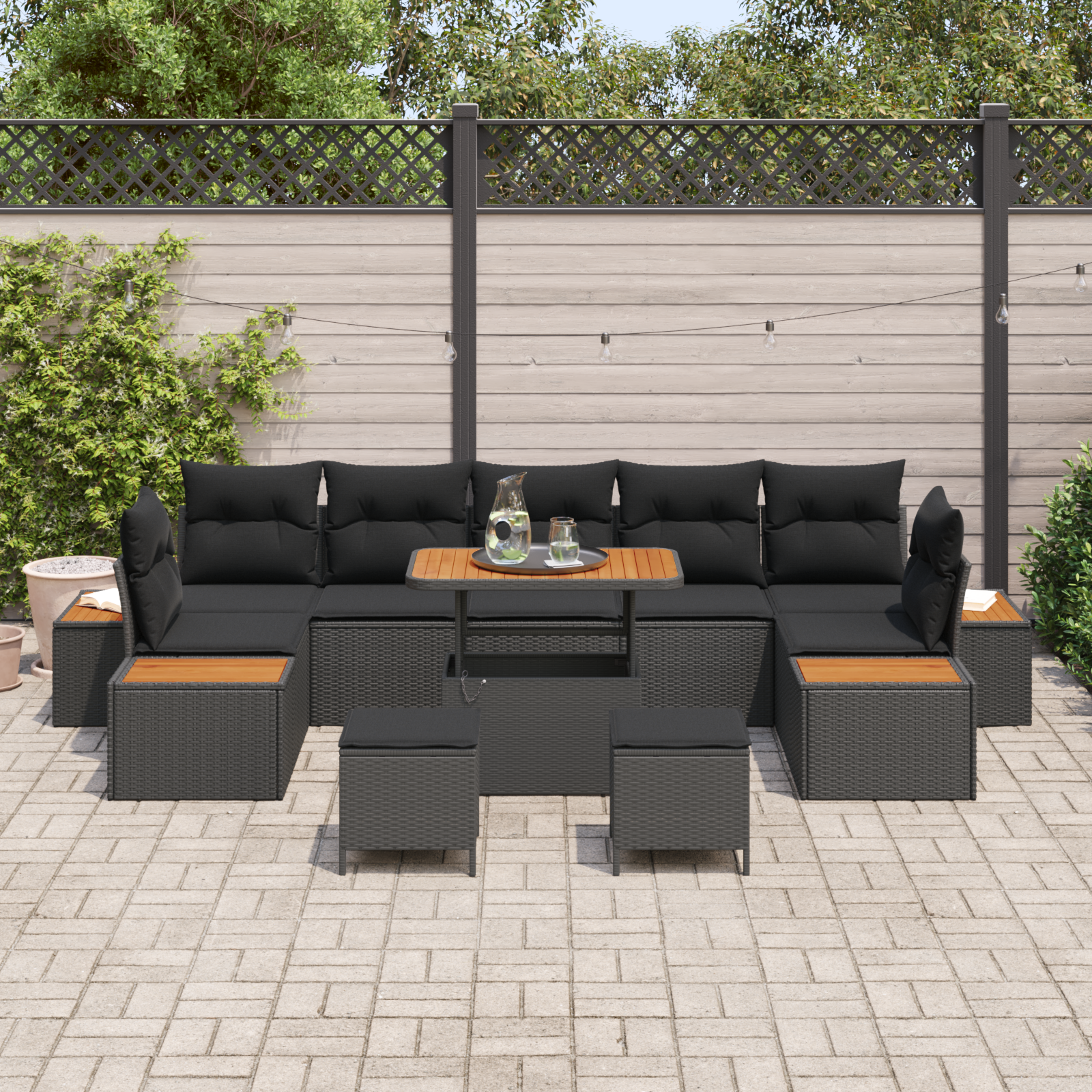 vidaXL 10-delige tuinbankset met kussens zwart poly rattan acacia