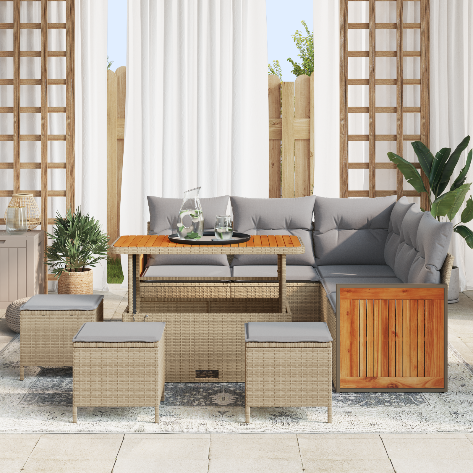 vidaXL 9-delige Tuinbankenset met kussens poly rattan acacia beige