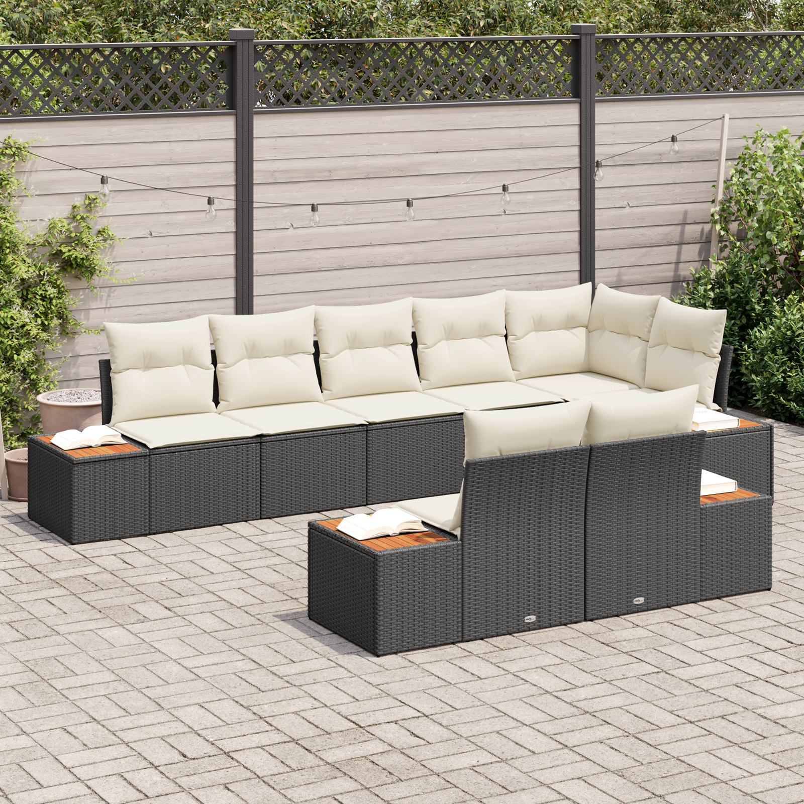 vidaXL 8-delige tuinset met kussens - Zwart poly rattan en acacia