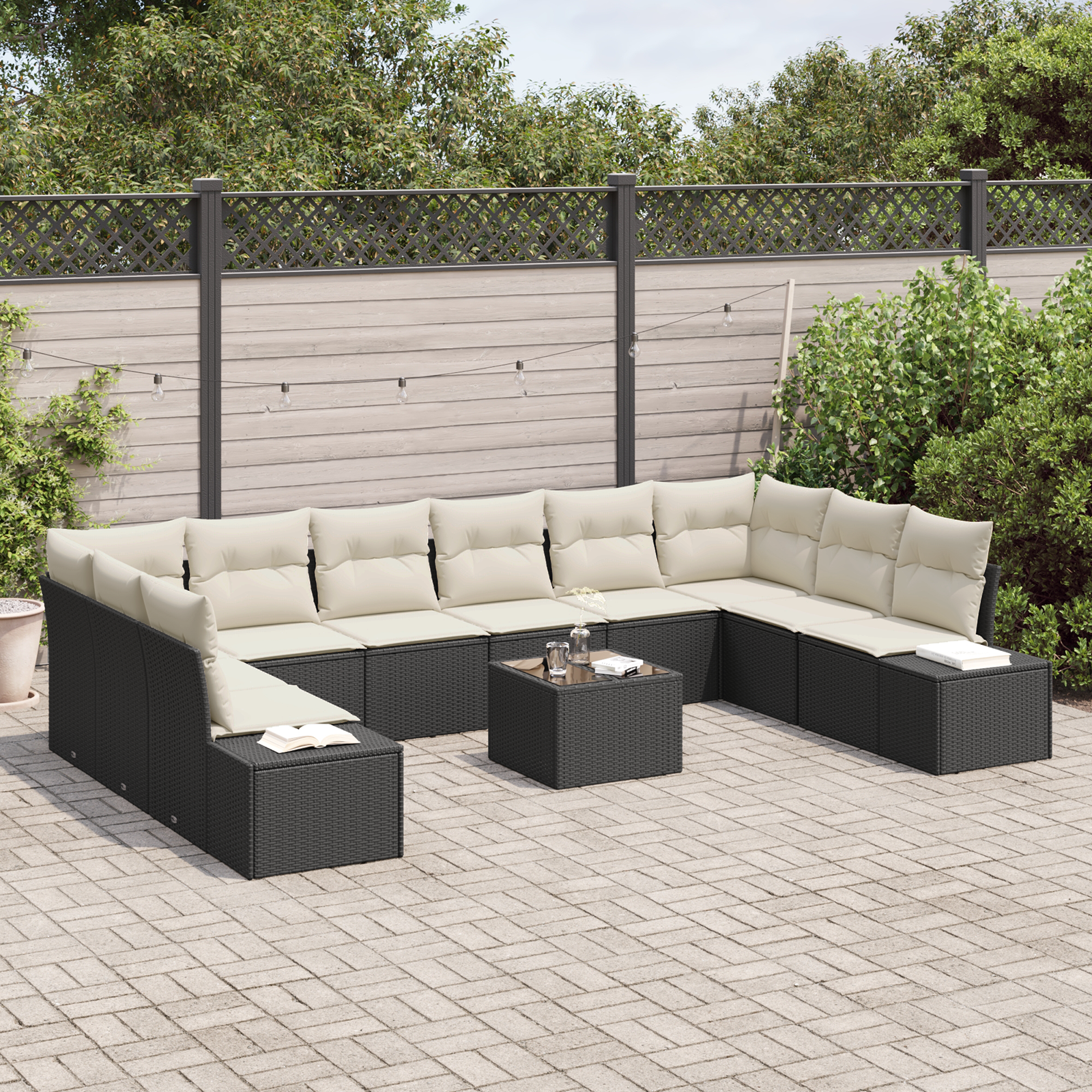 vidaXL 10-delige Tuinbankenset met kussens poly rattan bruin