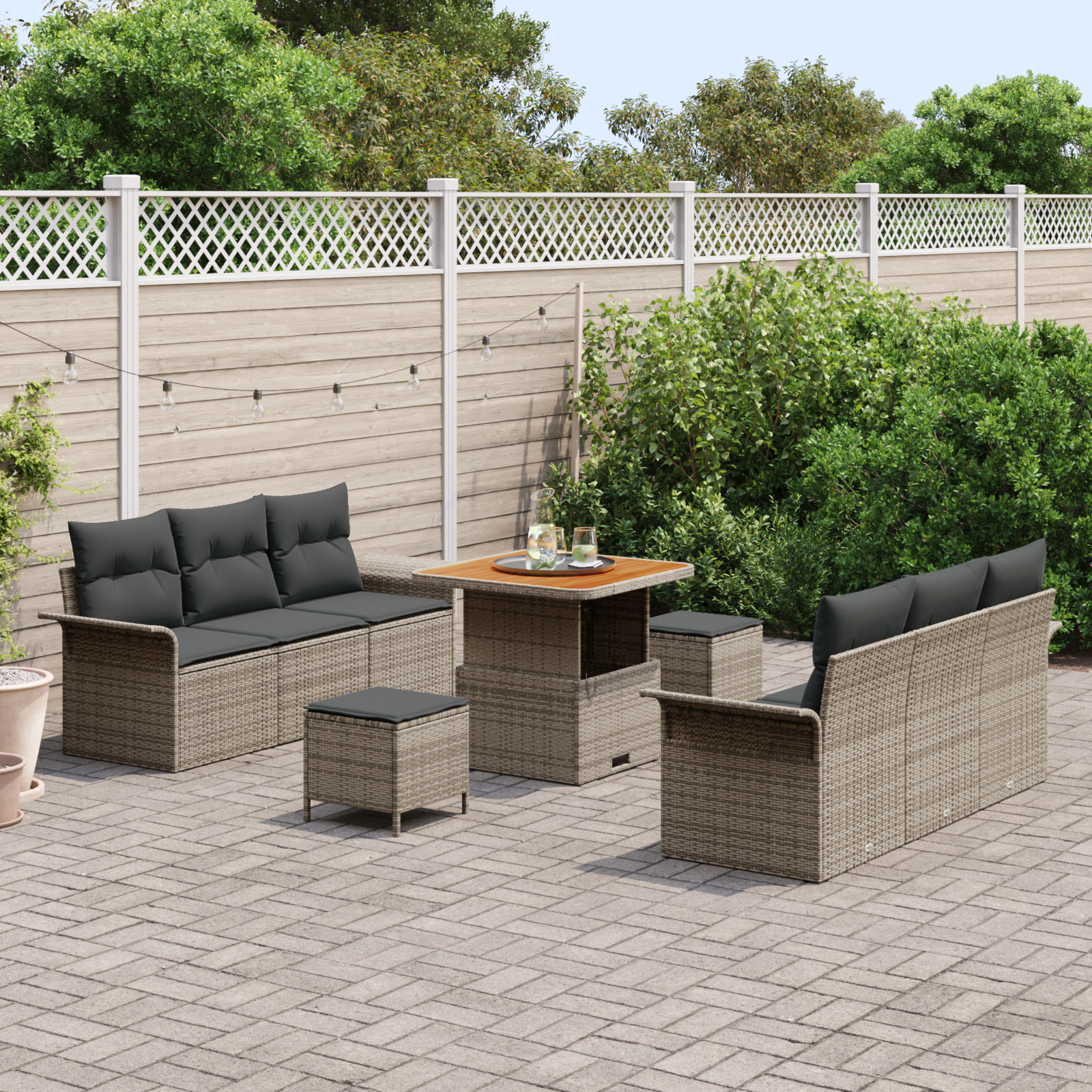 vidaXL 9-delige Tuinbankenset met kussens poly rattan acacia grijs