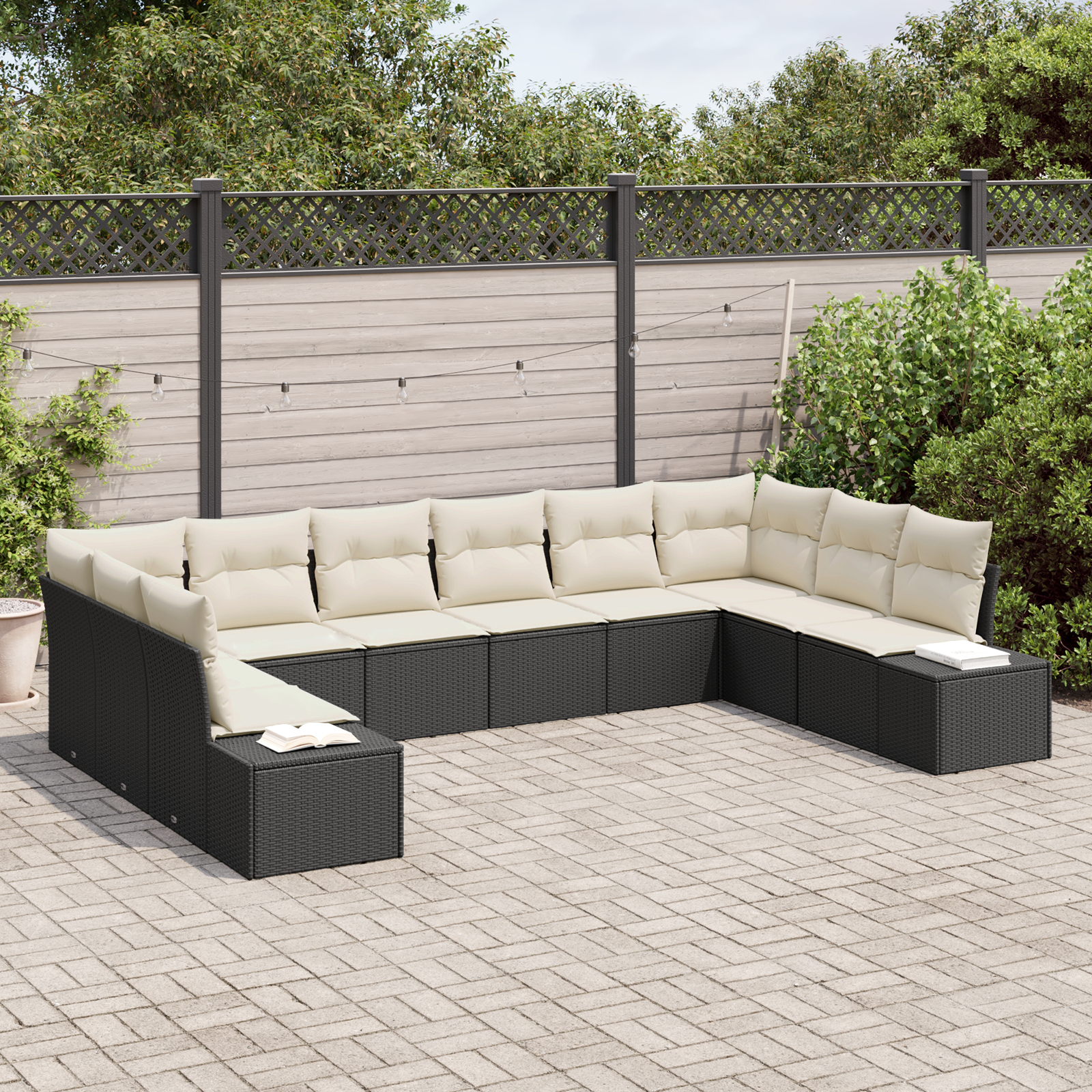 vidaXL 10-delige tuinset met kussens zwart poly rattan