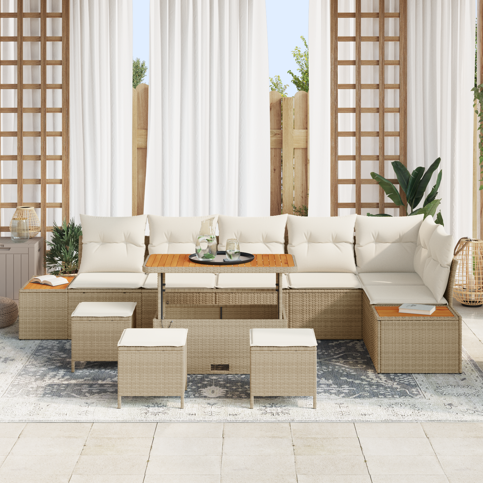 vidaXL 10-delige Tuinbankenset met kussens poly rattan acacia crème