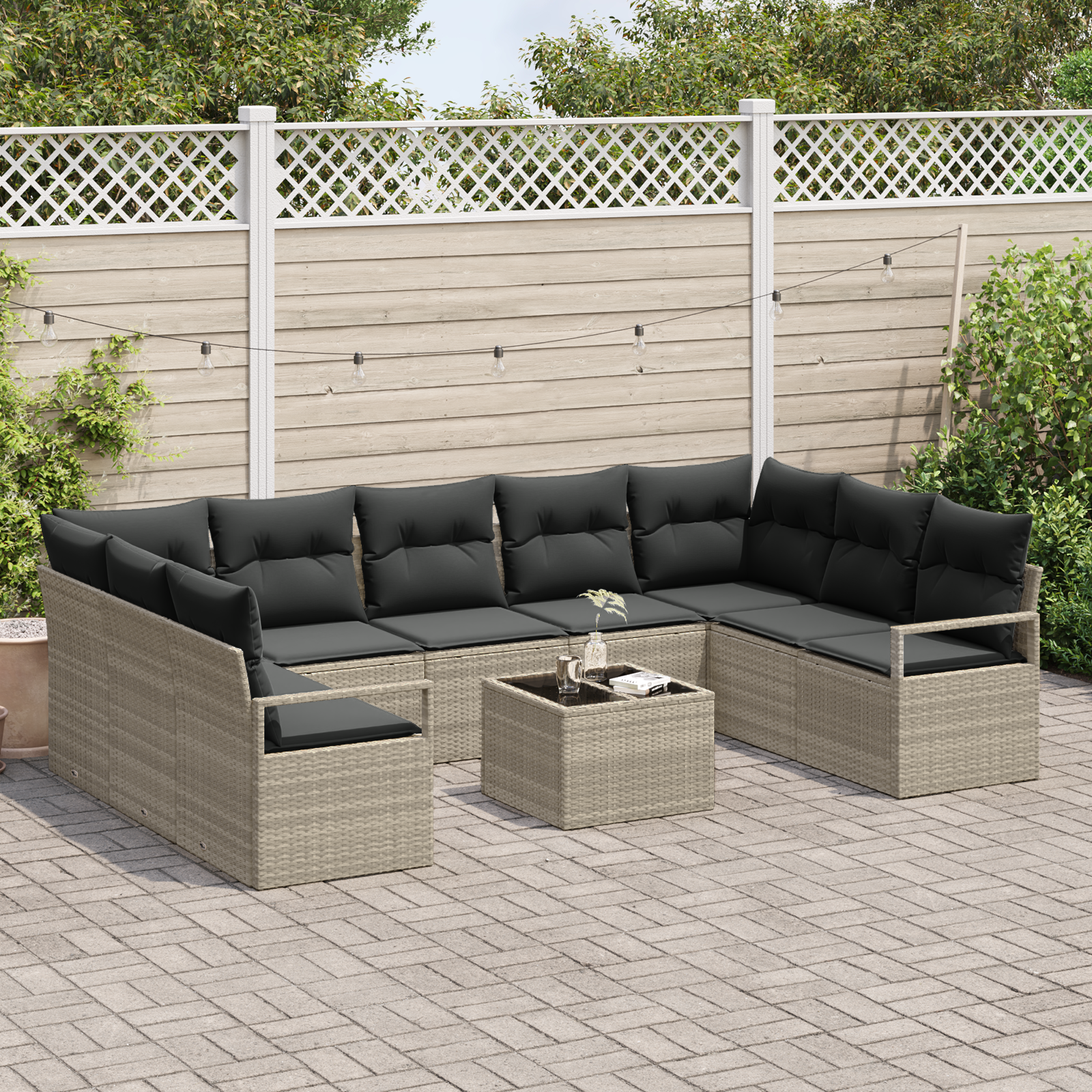 vidaXL 10-delige Tuinbankenset met kussens poly rattan grijs