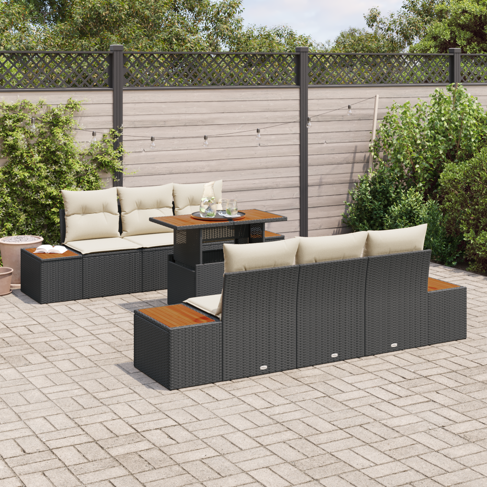 vidaXL 7-delige tuinset met kussens zwart poly rattan