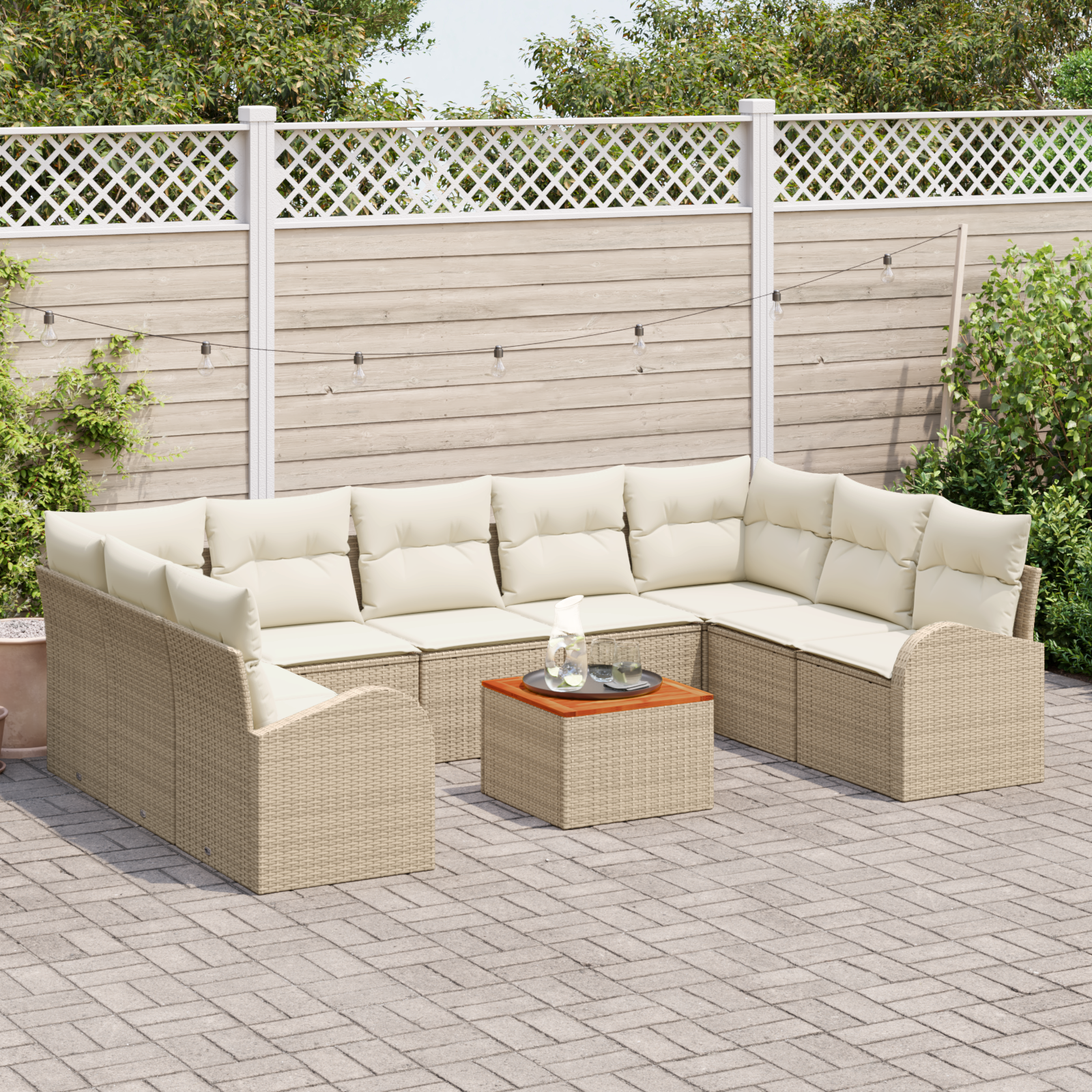 vidaXL 10-delige Tuinbankenset en kussens poly rattan acaciahout beige