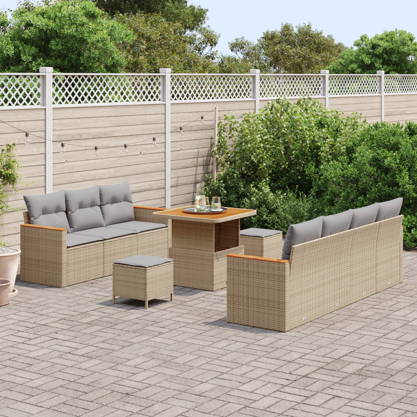 vidaXL 10-delige Tuinbankenset met kussens poly rattan acacia beige