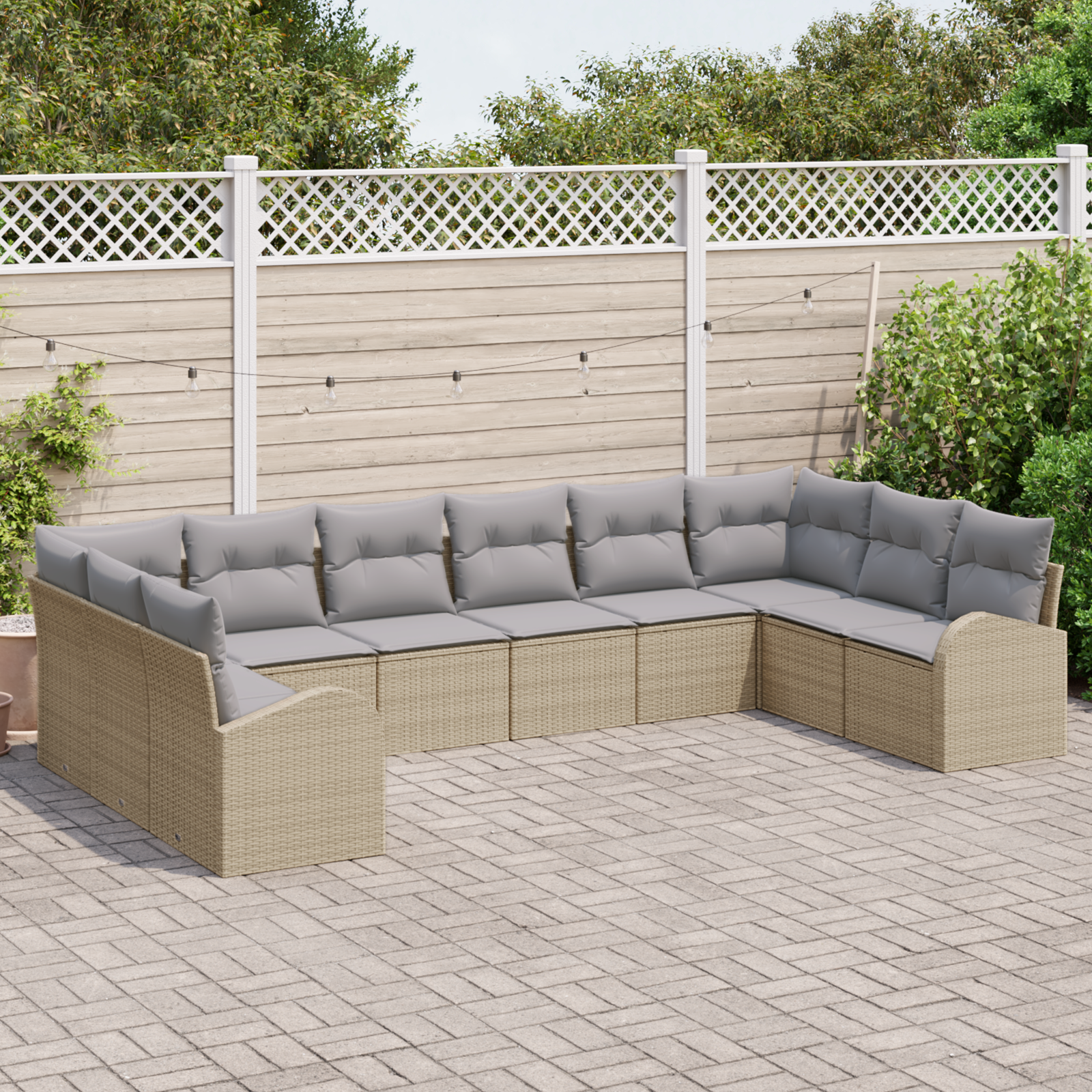 vidaXL 10-delige tuinbankset met kussens in beige poly riet