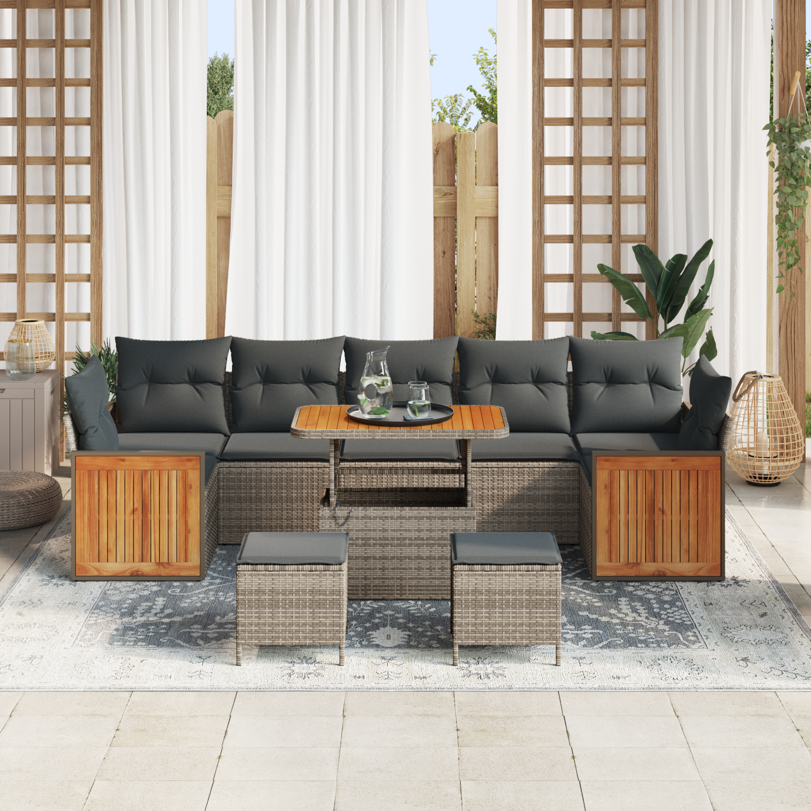 vidaXL 10-delige tuinsofa set met kussens in grijs poly rattan en acacia