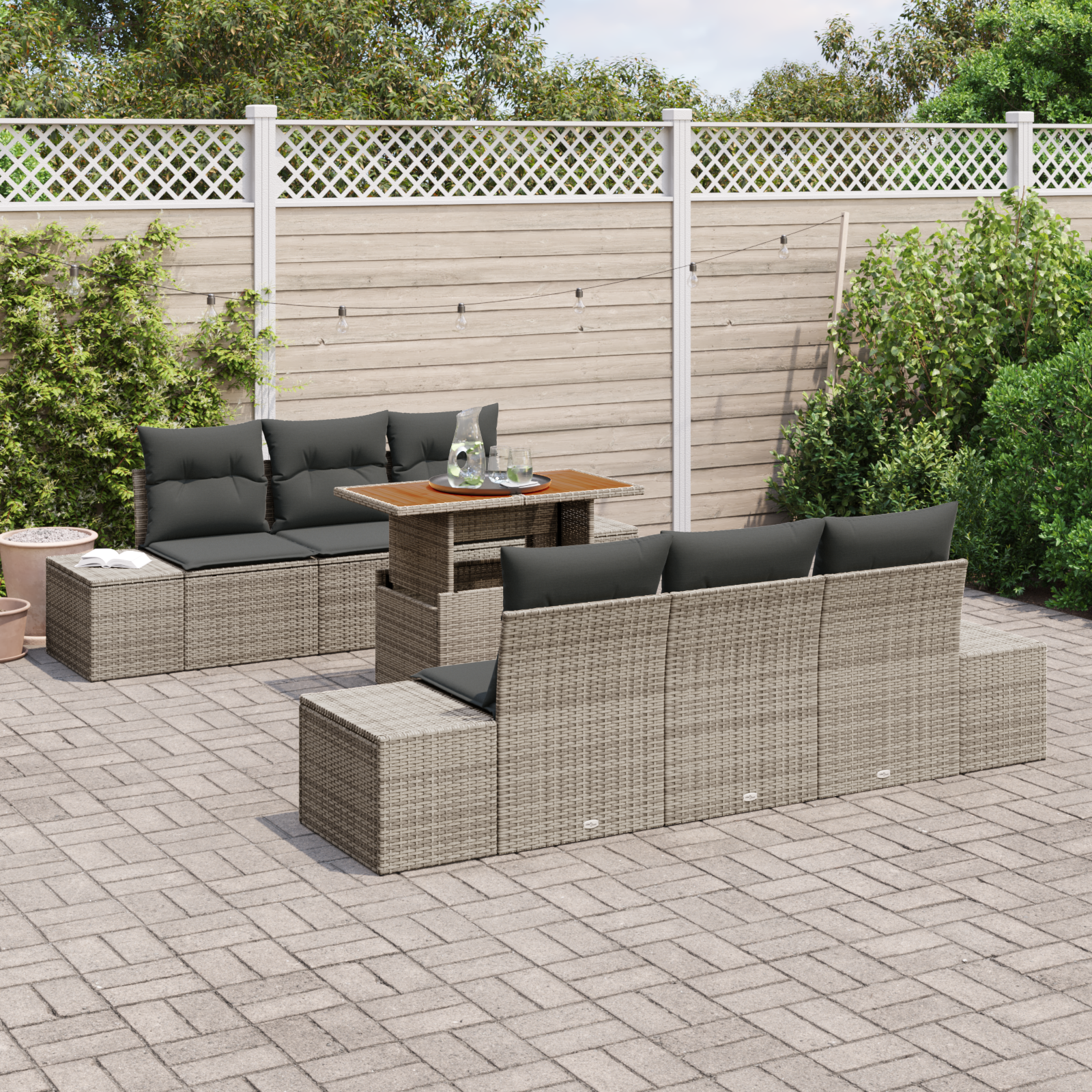 vidaXL 7-delige Tuinbankenset met kussens poly rattan grijs