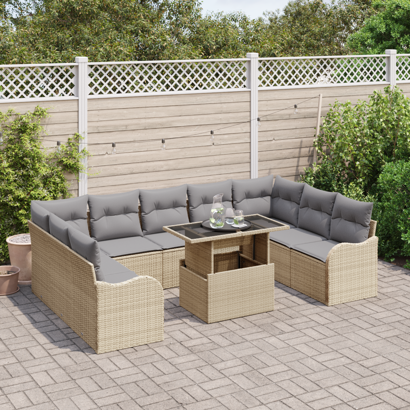 vidaXL 10-delige tuinset met kussens in beige poly rattan