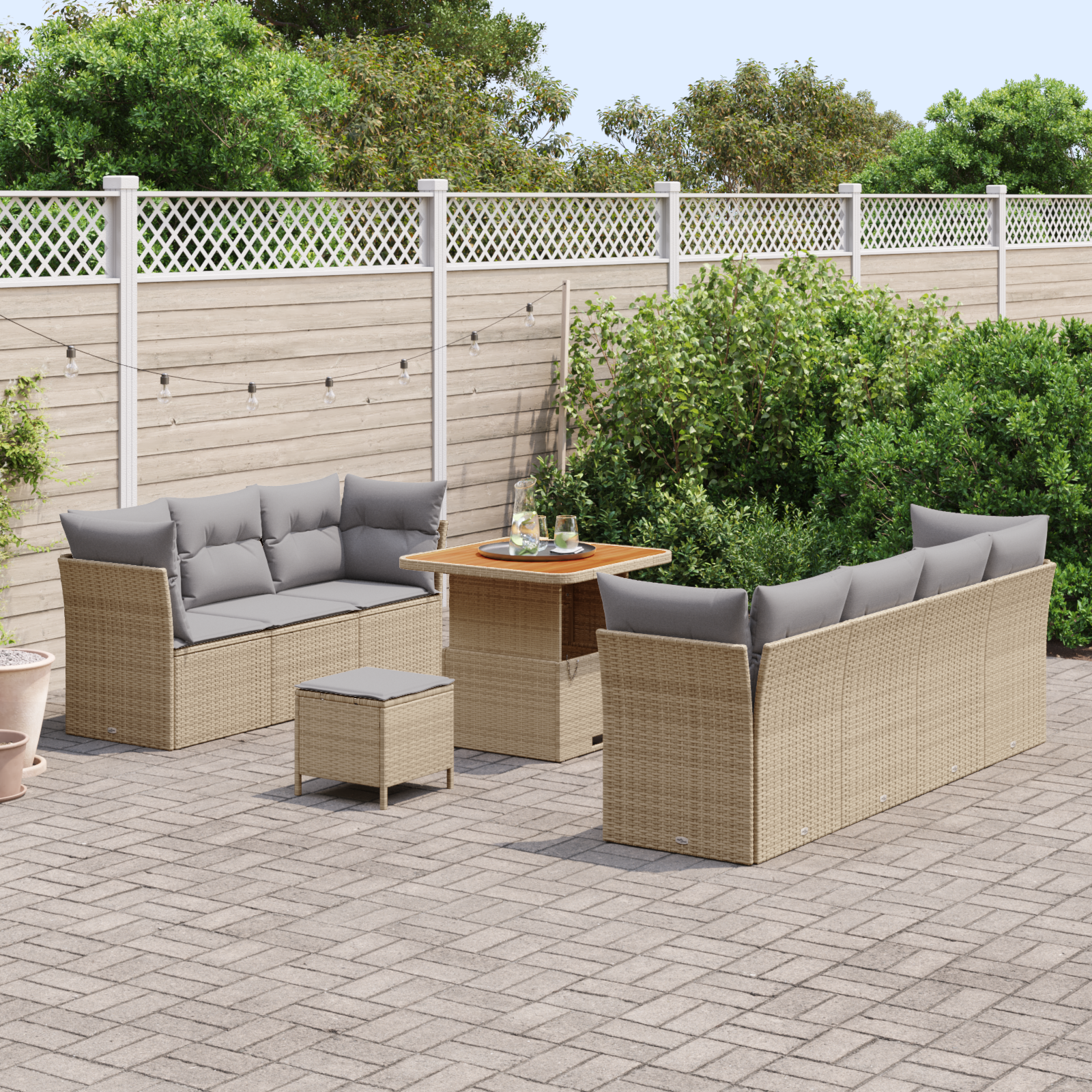 vidaXL 10-delige tuinset met kussens in beige van poly rattan en acacia