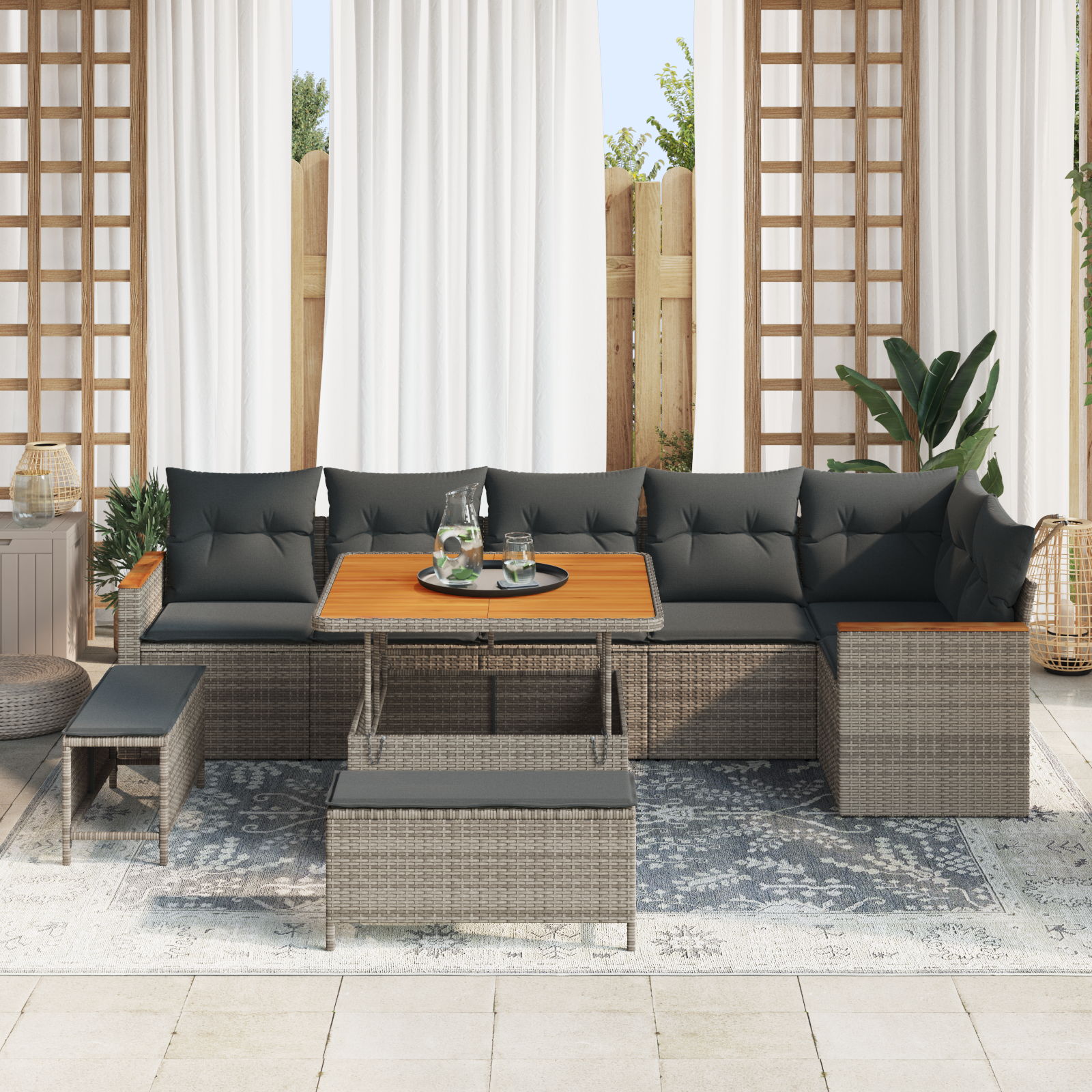 vidaXL 9-delige Tuinbankenset met kussens poly rattan acacia grijs