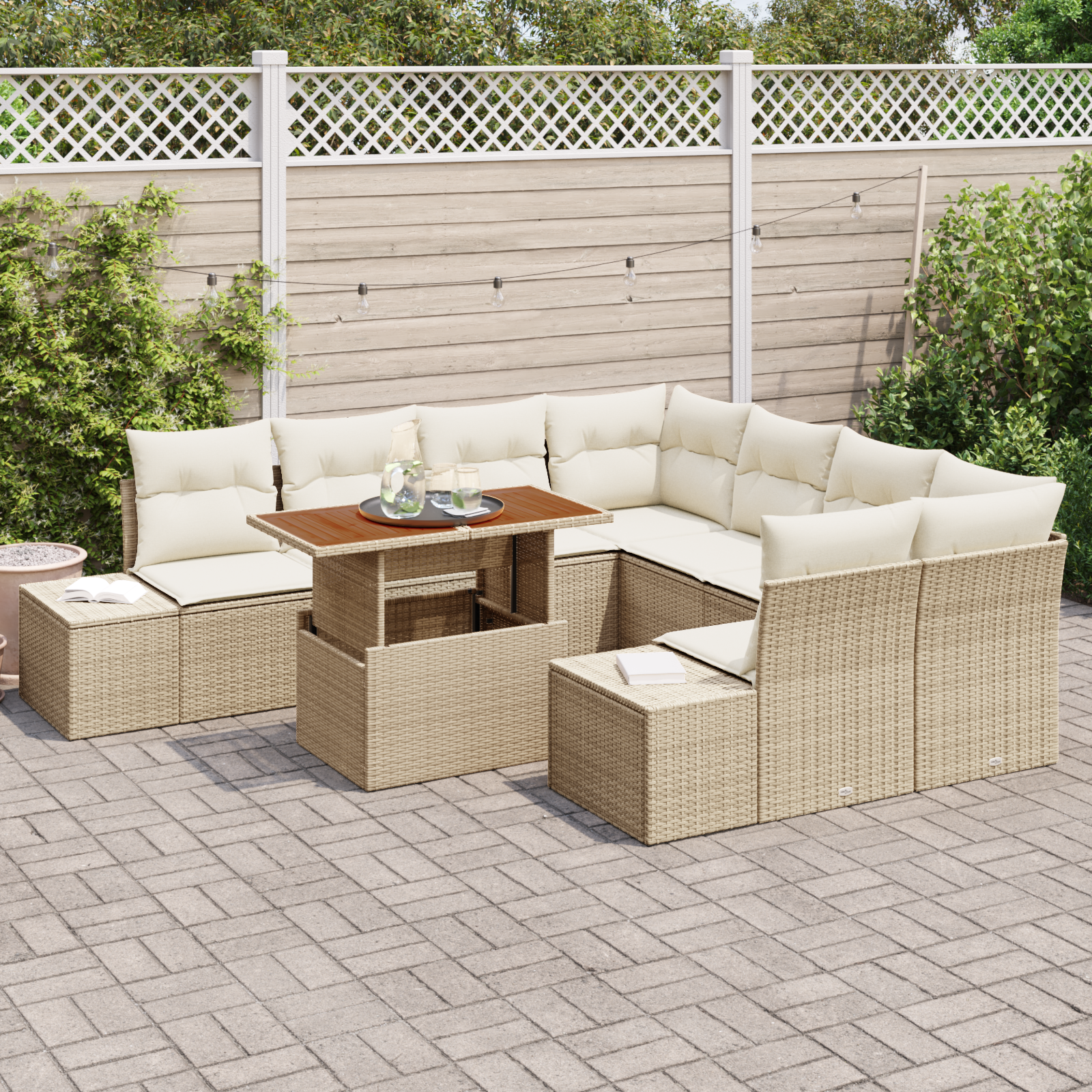 vidaXL 9-delige Tuinset met kussens poly rattan acaciahout beige