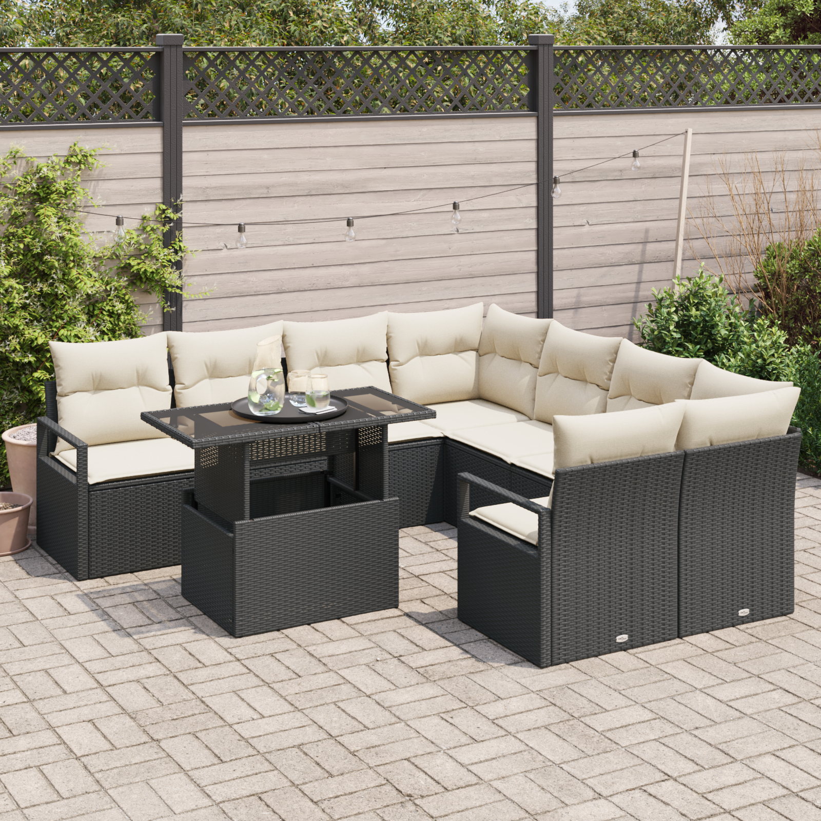 vidaXL 9-delige Tuinbankenset met kussens poly rattan zwart