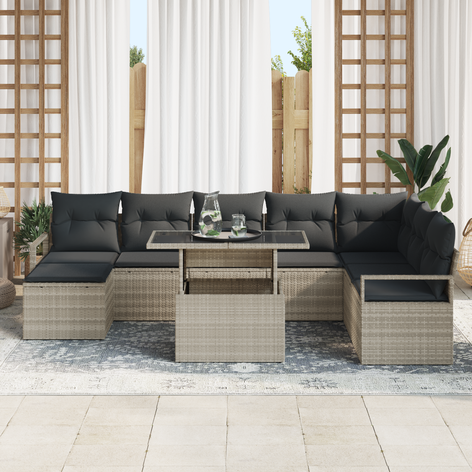 vidaXL 9-delige ligbed set met kussens lichtgrijs poly rattan