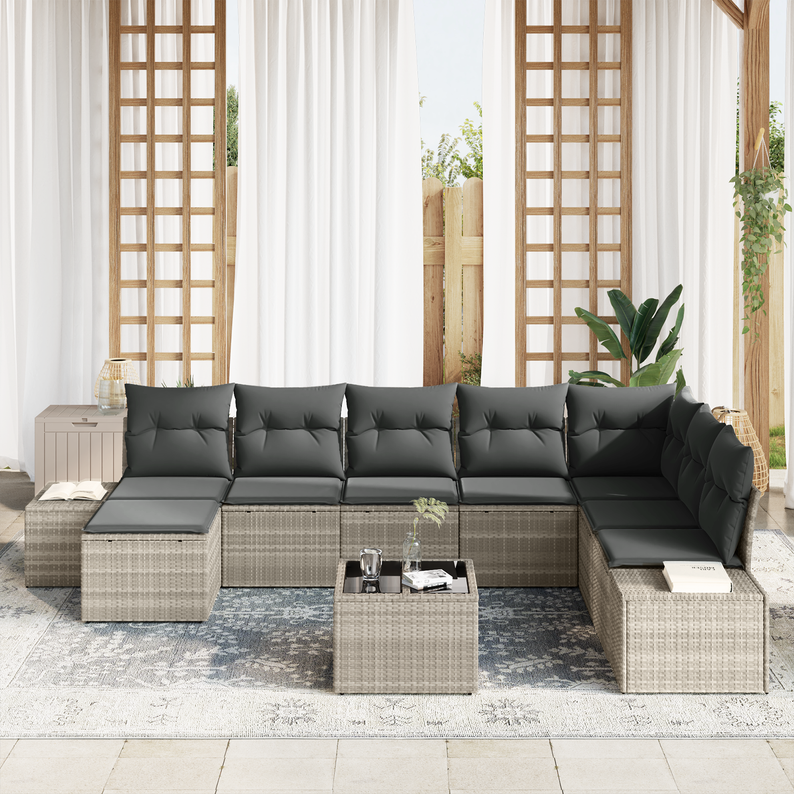vidaXL 9-delige tuinset met kussens Grijs Poly Rattan