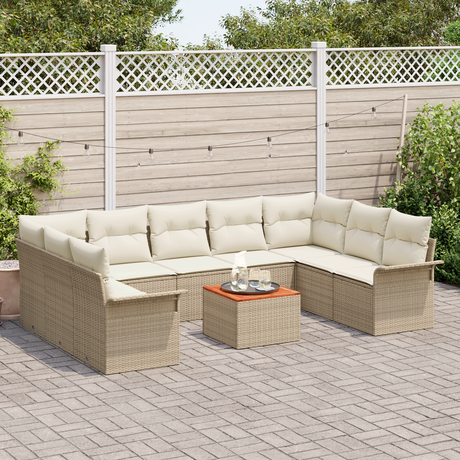 vidaXL 10-delige Tuin Sofa Set met Kussens Beige Poly Rattan Acacia