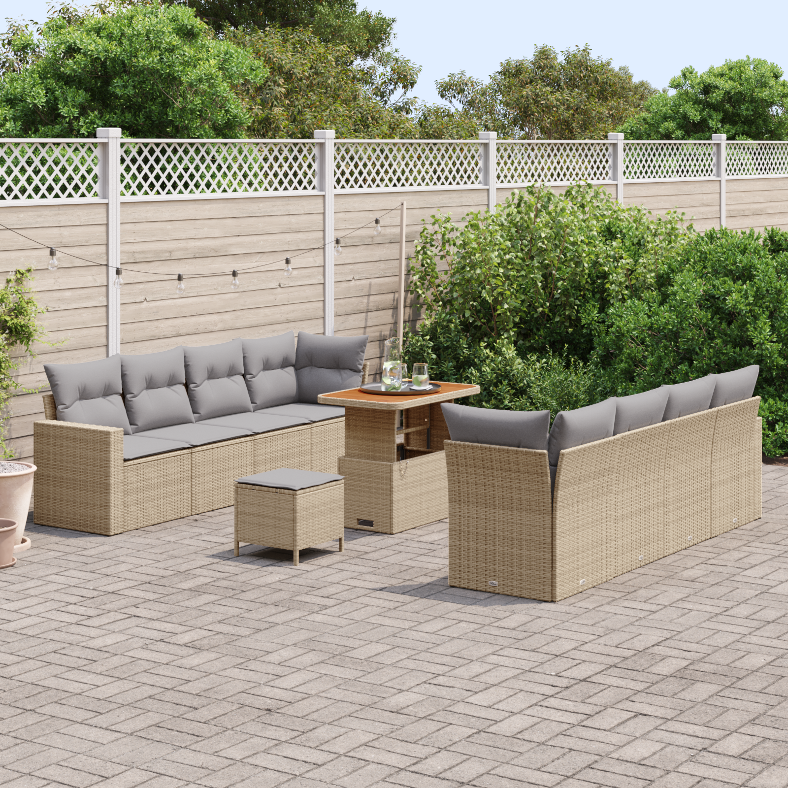 vidaXL 11-delige tuinset met kussens in beige van poly rattan en acacia