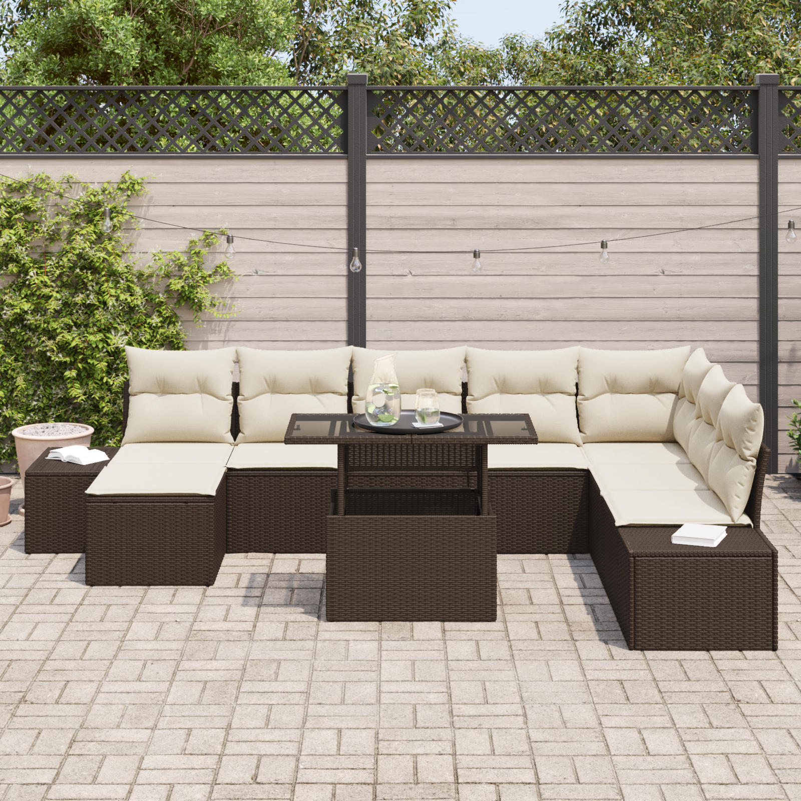 vidaXL 9-delige Tuinbankenset met kussens poly rattan bruin