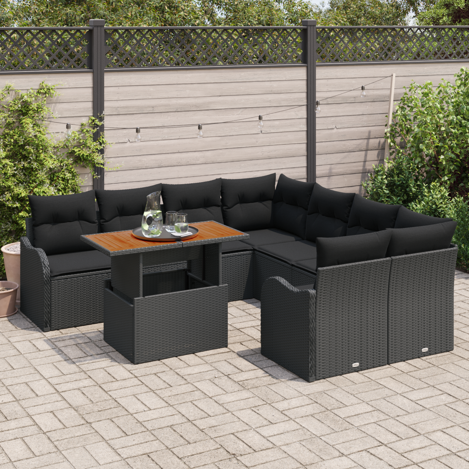 vidaXL 9-delige tuinset met kussens zwart poly rattan
