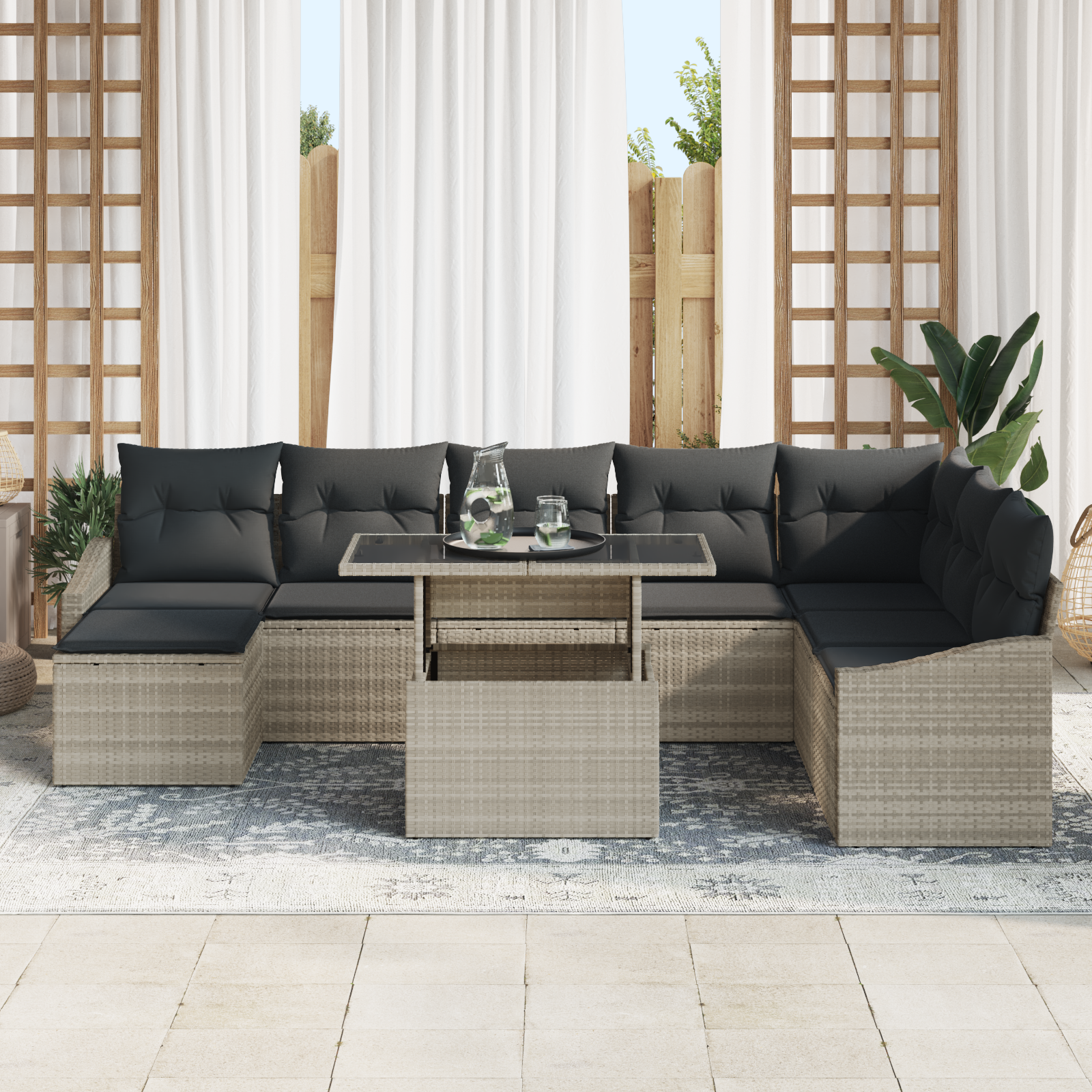 vidaXL 9-delige buitenbankset met kussens lichtgrijs poly rattan