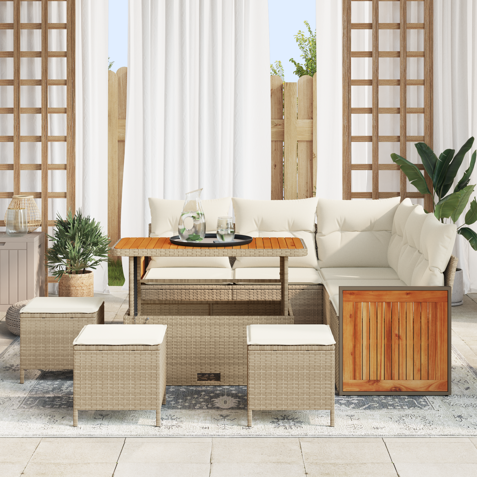 vidaXL 9-delige Tuinbankenset met kussens poly rattan acacia beige