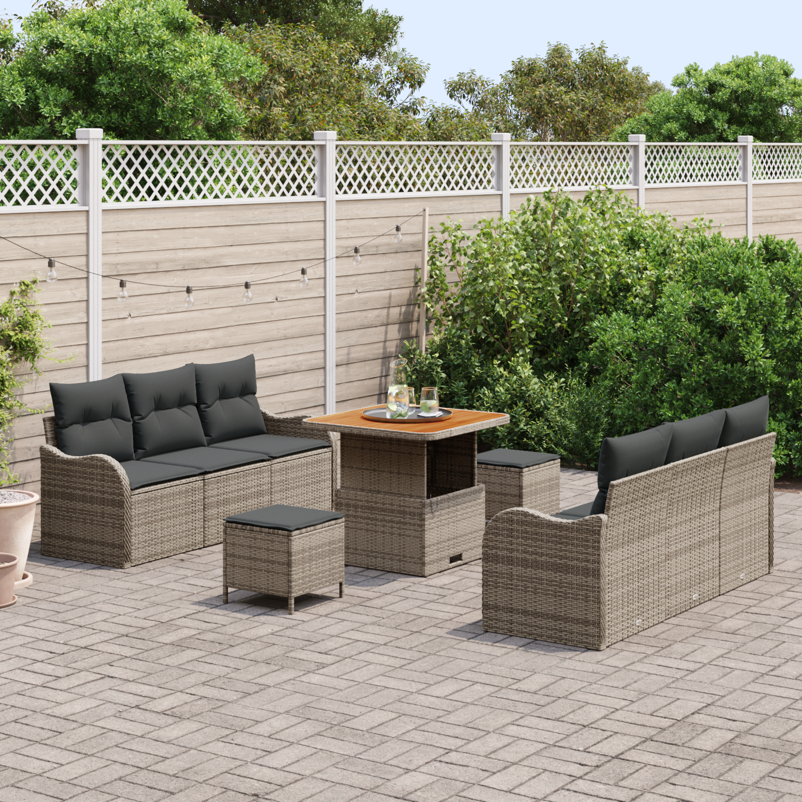 vidaXL 9-delige Tuinbankenset met kussens poly rattan acacia grijs
