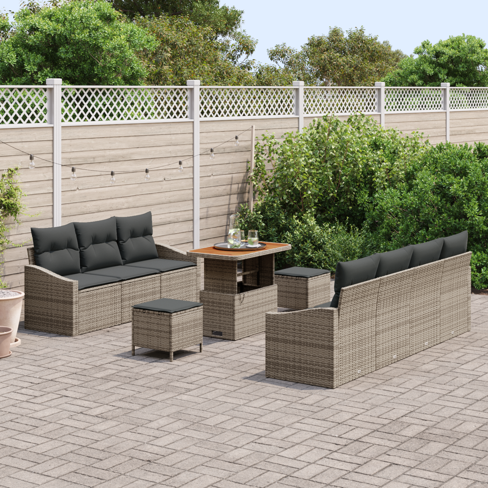 vidaXL 10-delige tuinset met kussens - Grijs - Poly Rattan - Acacia