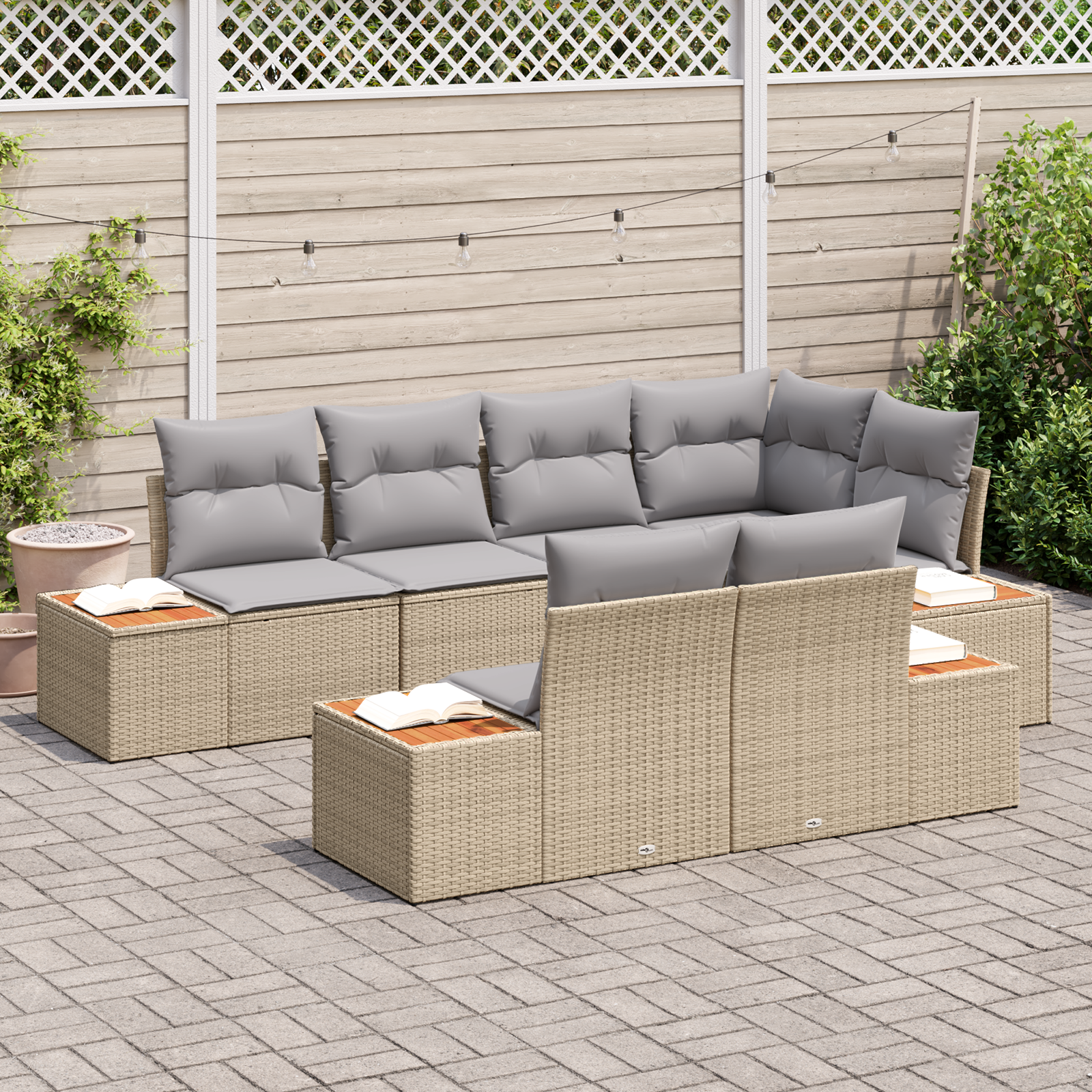 vidaXL 7-delige tuinsofa set met kussens - Beige - Poly Riet - Acacia