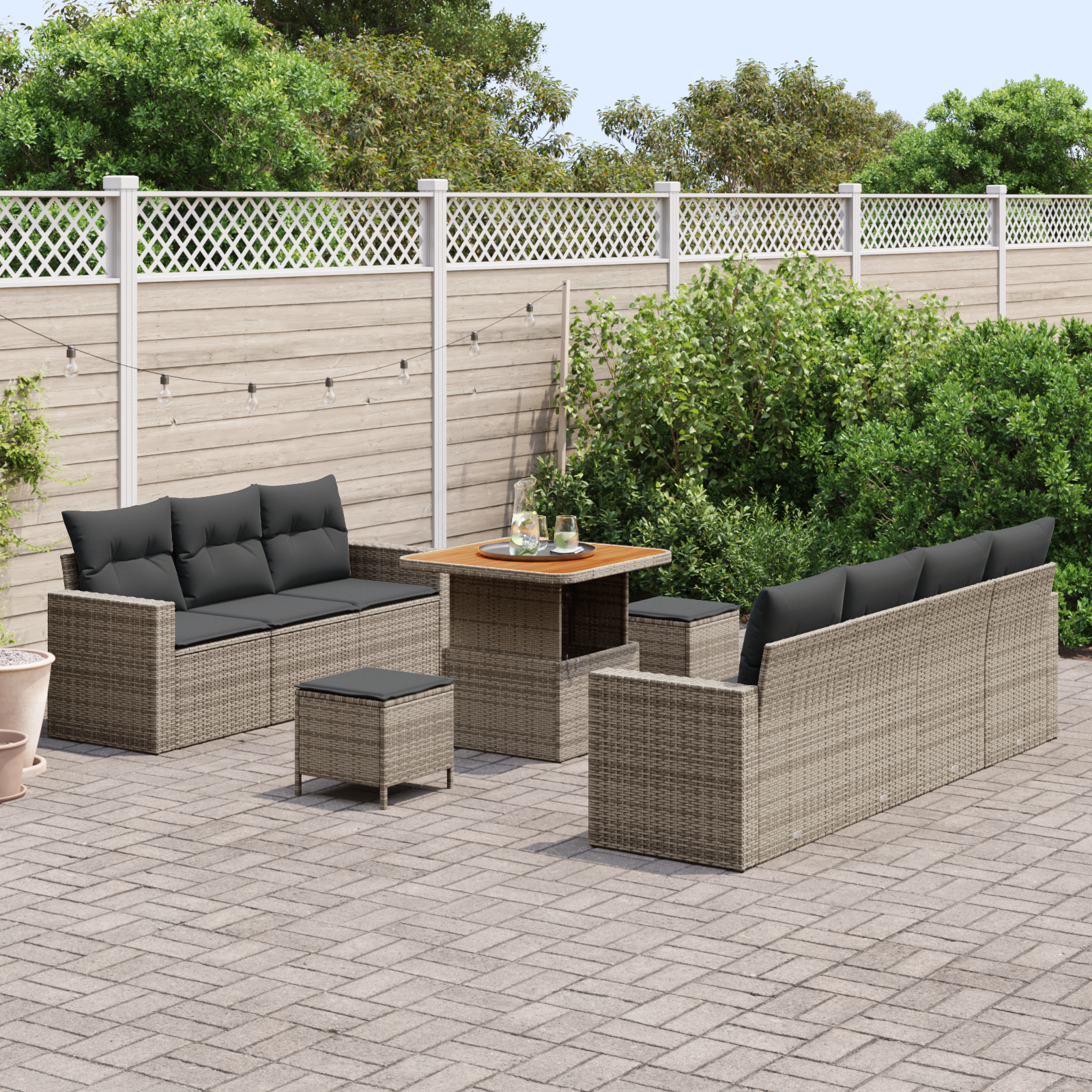 vidaXL 10-delige Tuinbankenset met kussens poly rattan acacia grijs