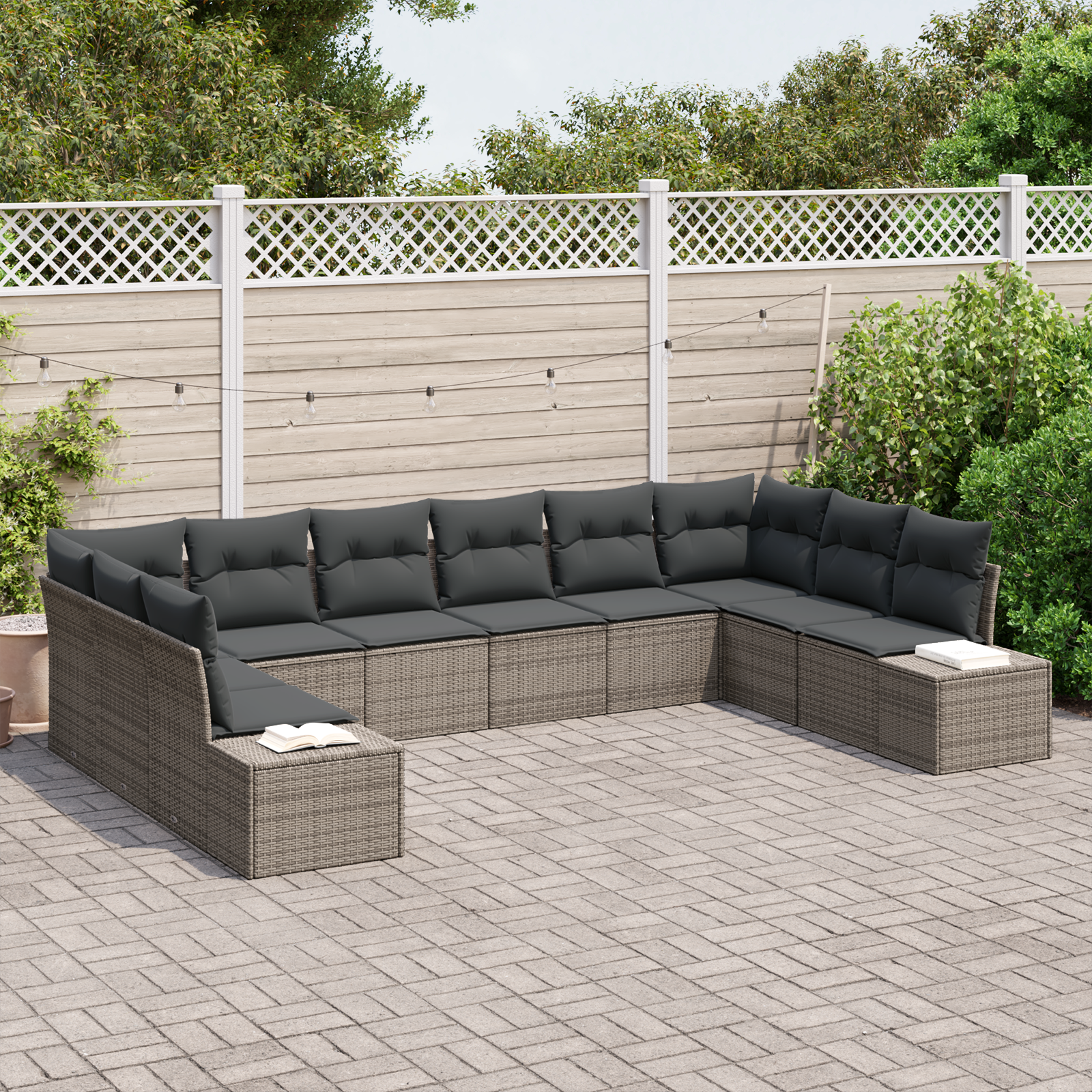 vidaXL 10-delige Tuinbankenset met kussens poly rattan grijs
