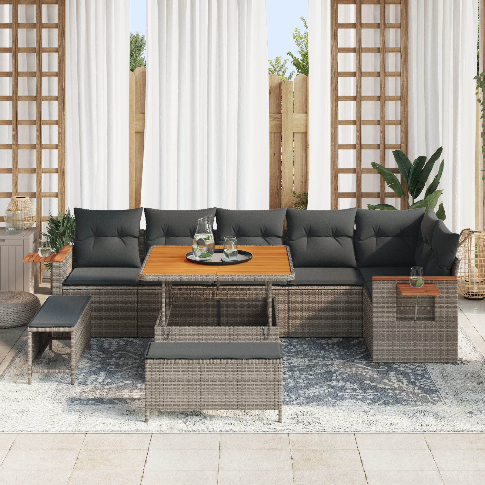 vidaXL 9-delige Tuinbankenset met kussens poly rattan acacia grijs