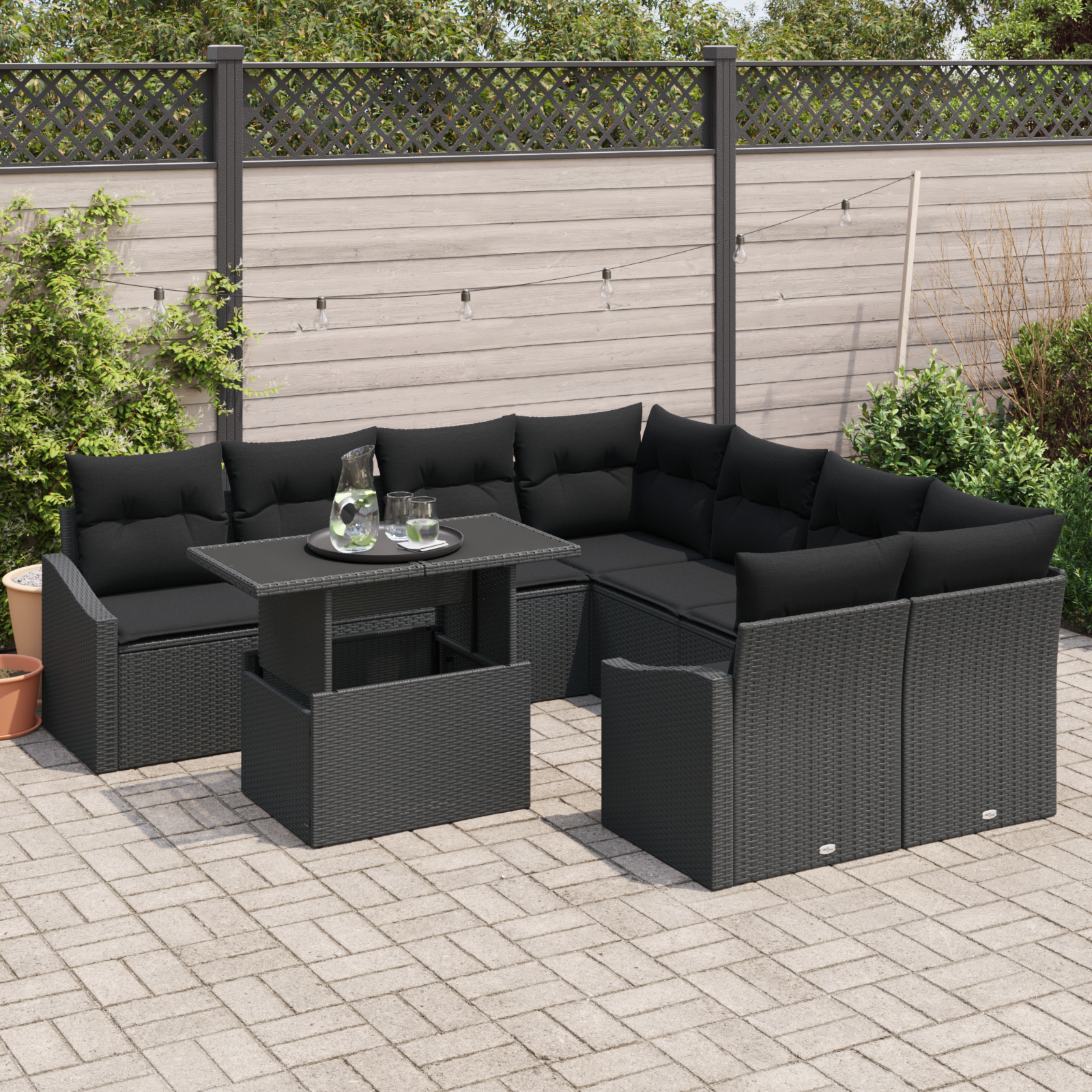 vidaXL 9-delige Tuinbankenset met kussens poly rattan zwart