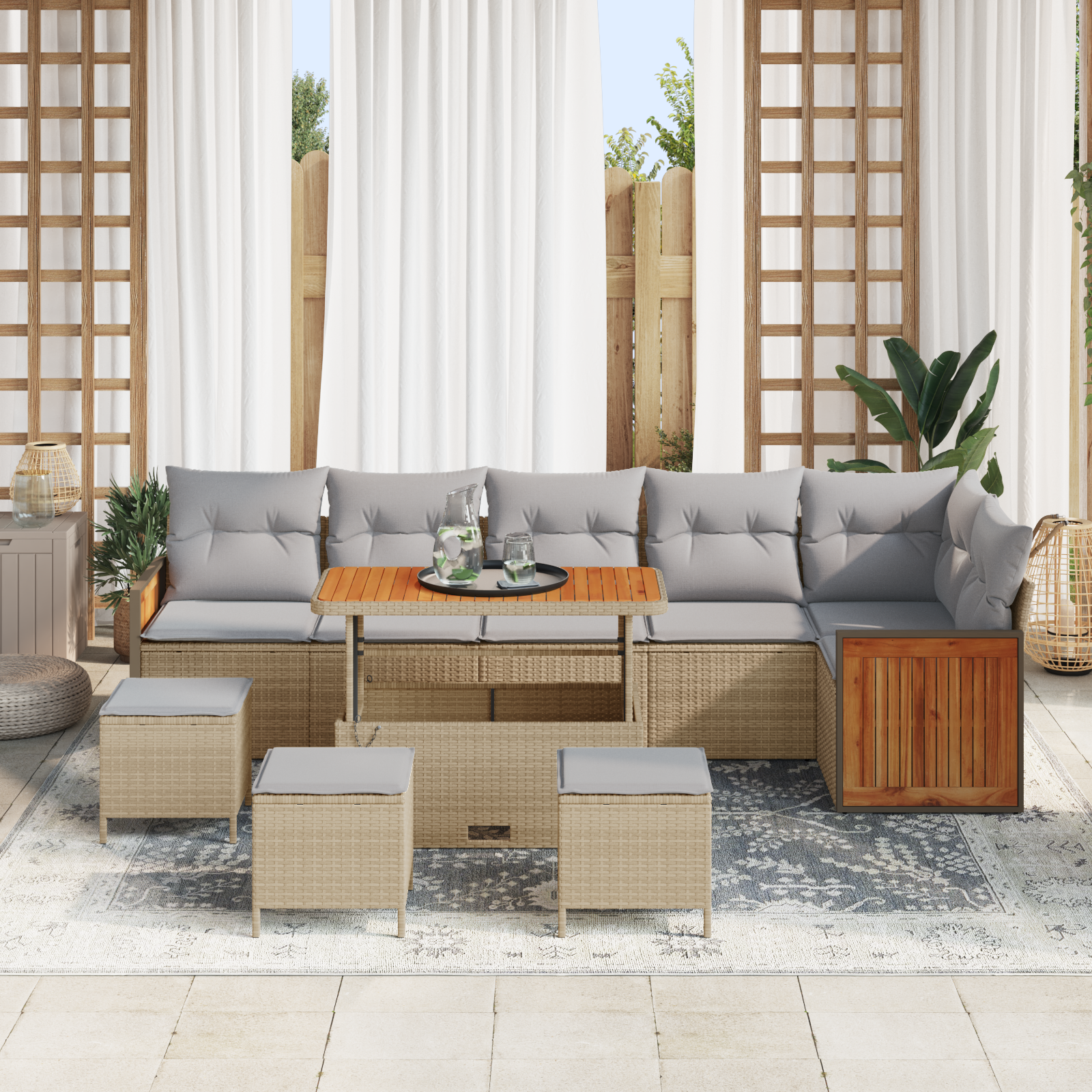 vidaXL 10-delige Tuinbankenset met kussens poly rattan acacia beige