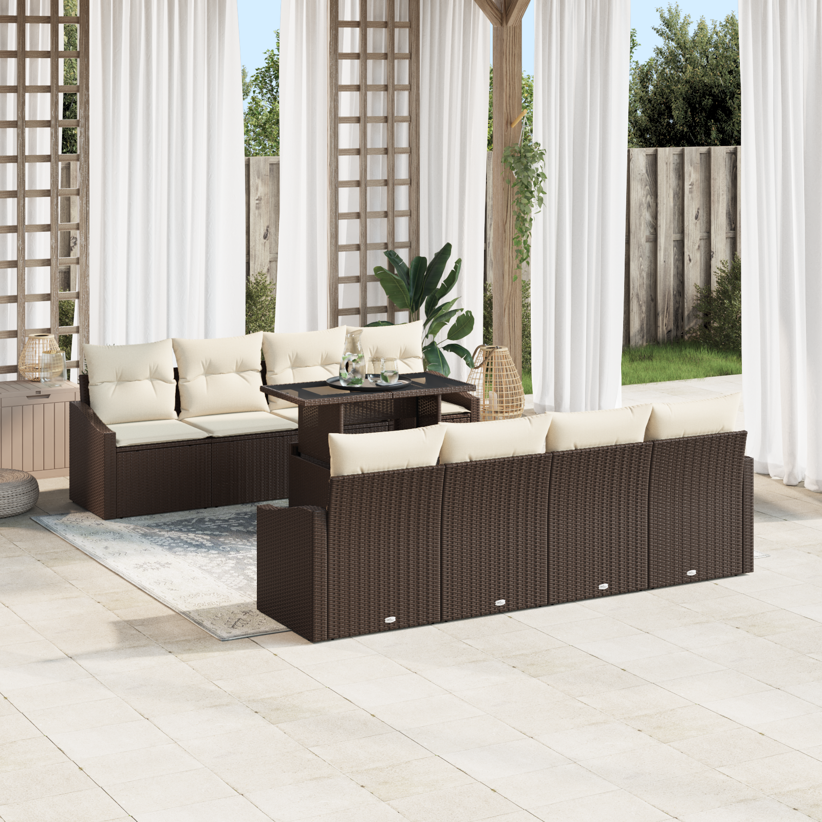 vidaXL 9-delige Tuinbankenset met kussens poly rattan bruin