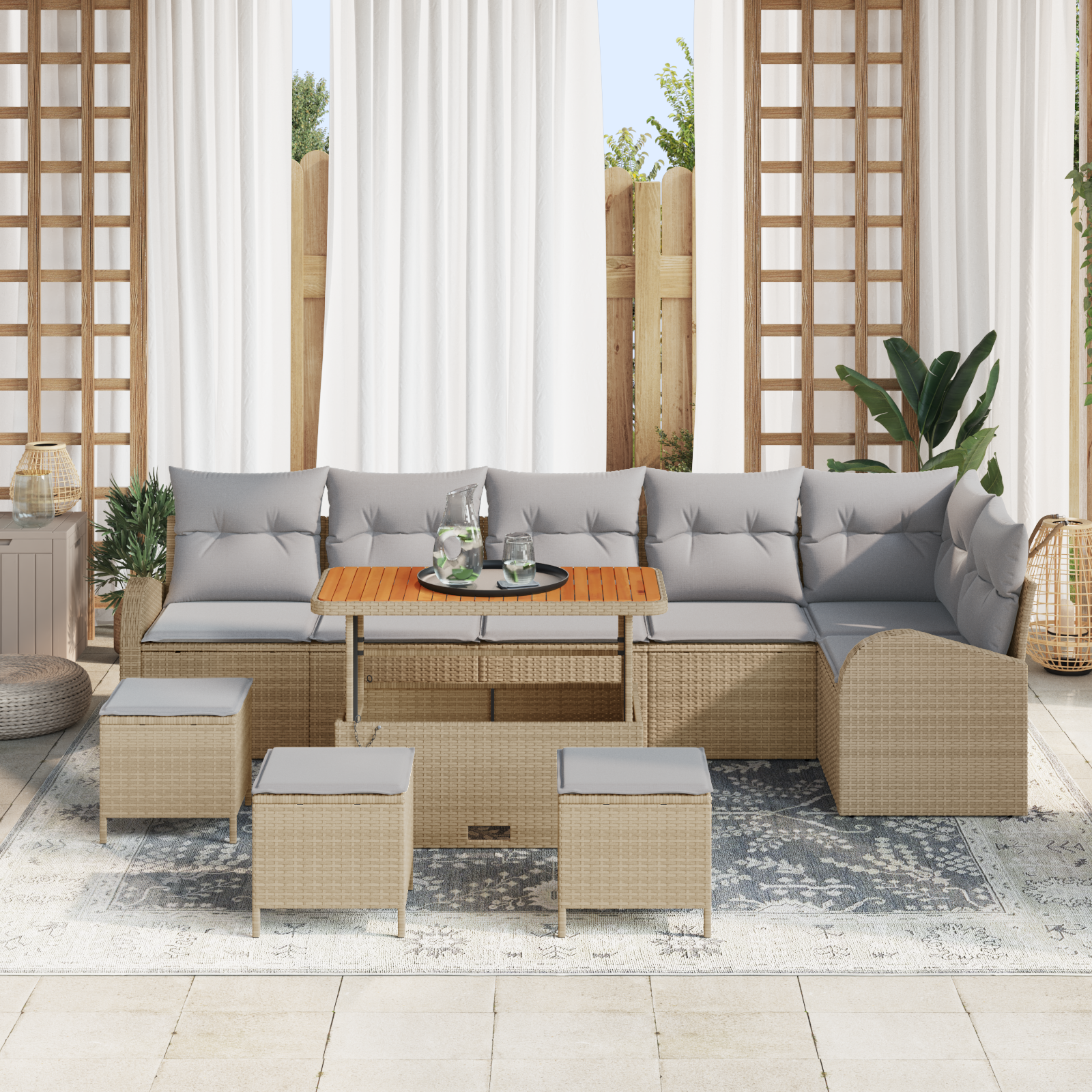 vidaXL 10-delige Tuinbankenset met kussens poly rattan acacia beige
