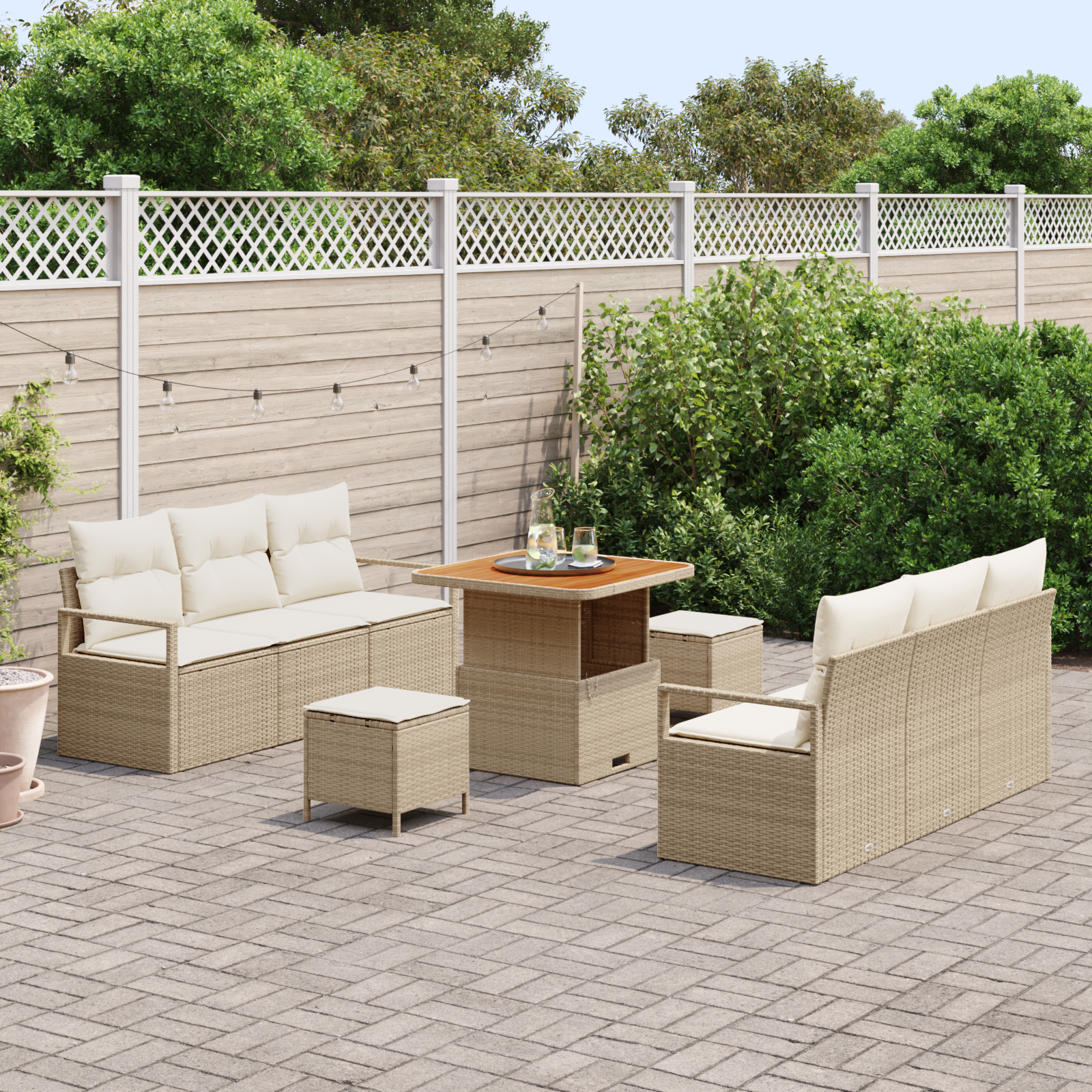 vidaXL 9-delige Tuinbankenset met kussens poly rattan acacia beige