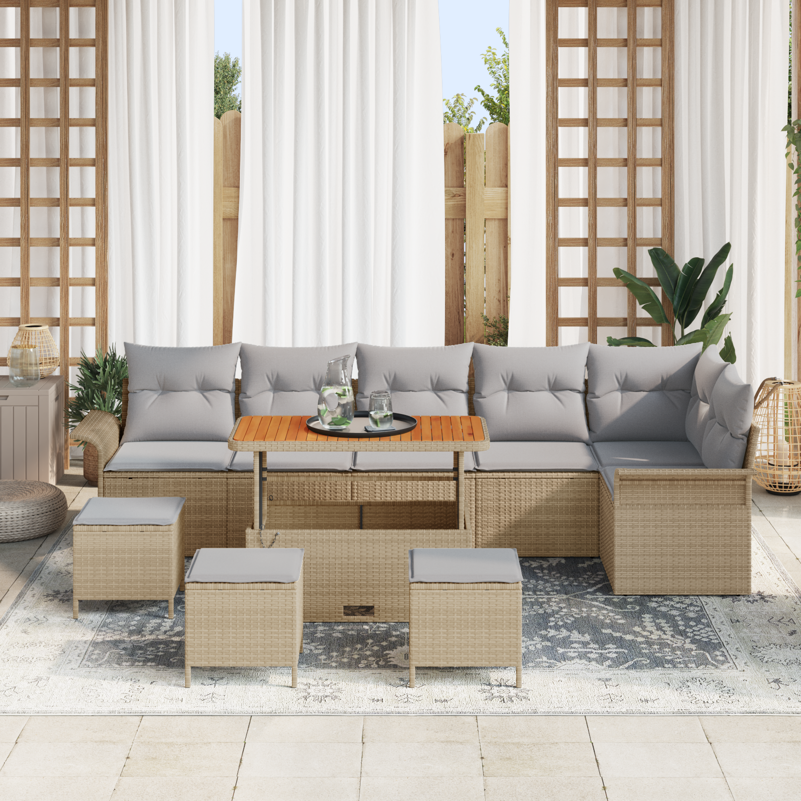 vidaXL 10-delige Tuinbankenset met kussens poly rattan acacia beige