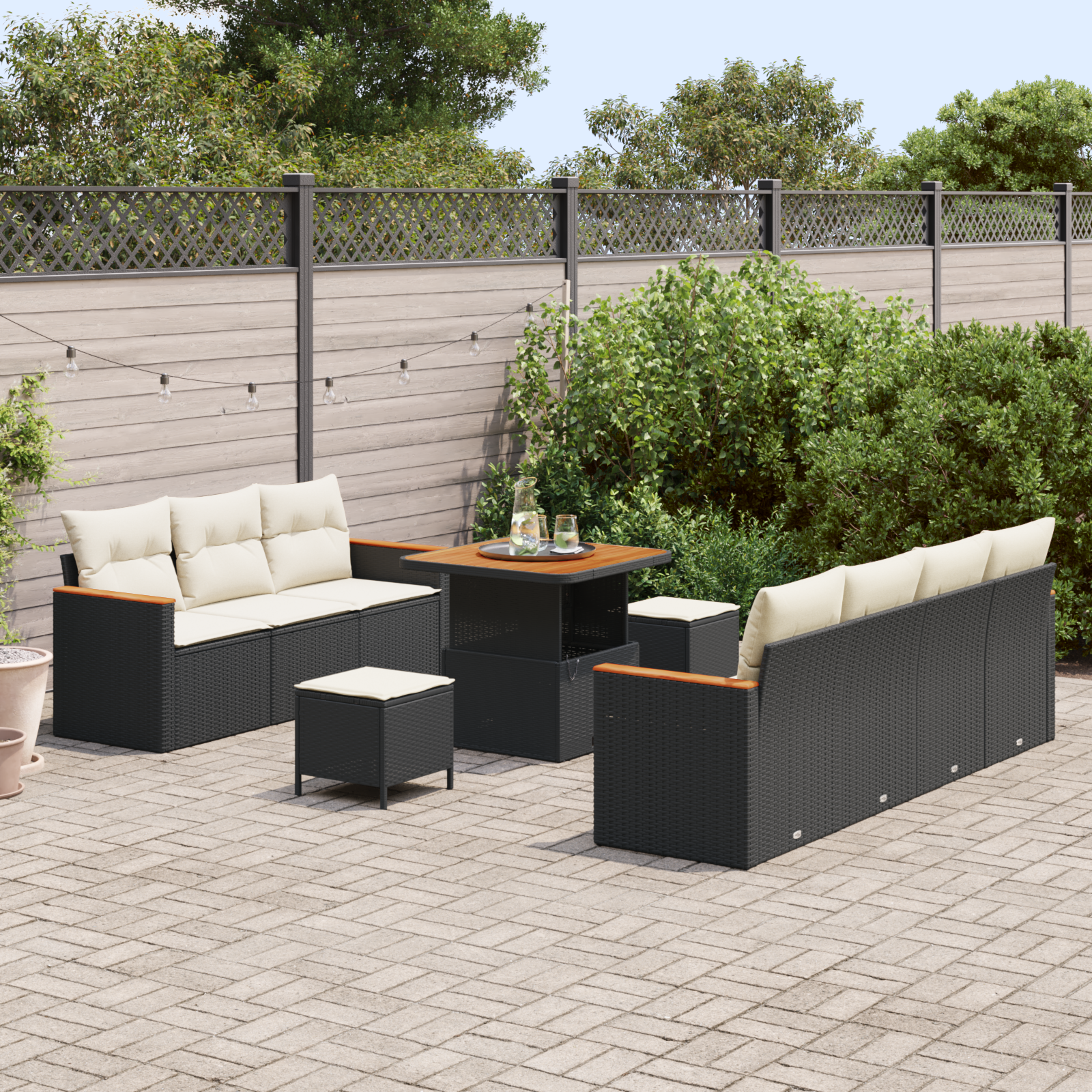 vidaXL 10-delige Tuinbankenset met kussens poly rattan acacia zwart