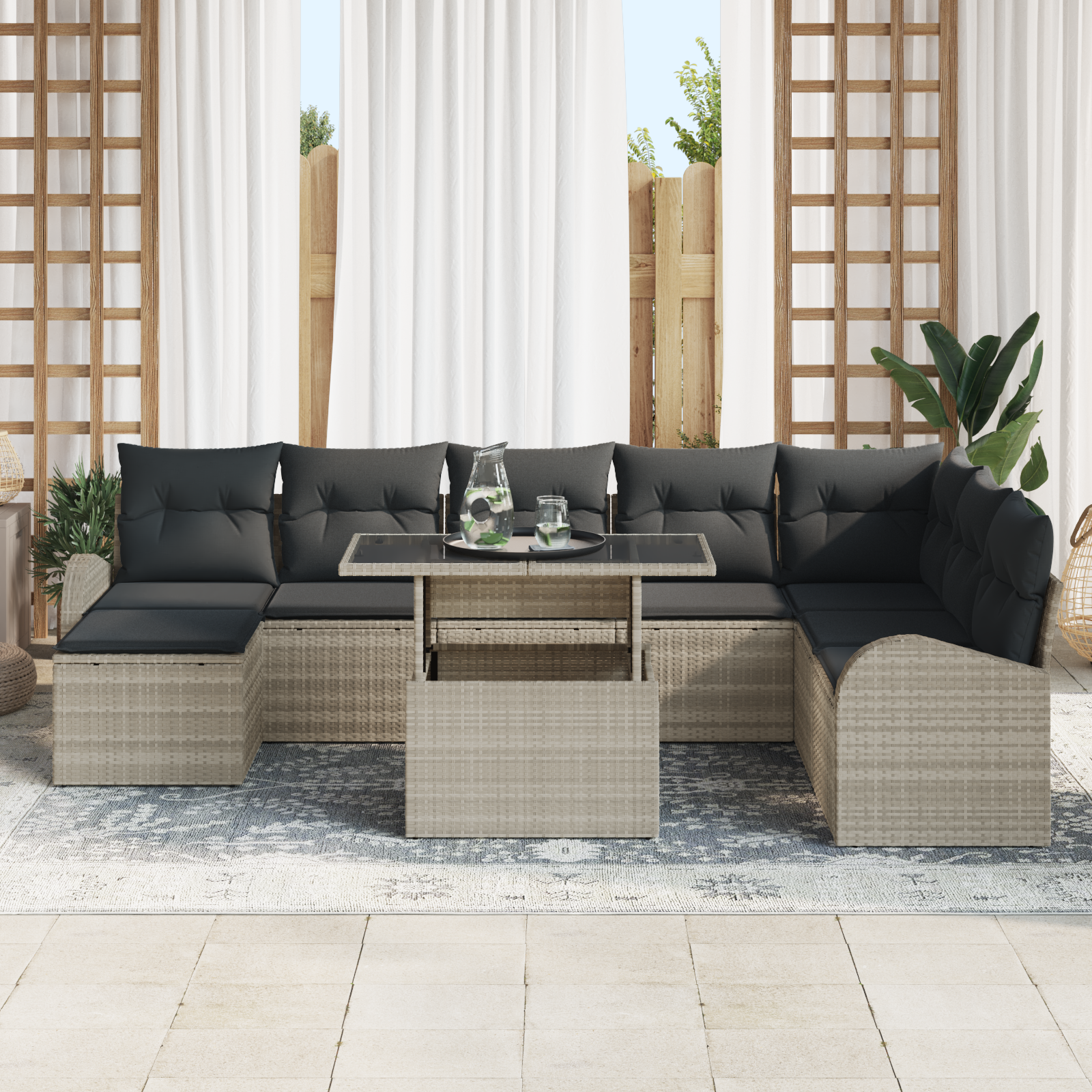 vidaXL 9-delige Tuinbankenset met kussens poly rattan lichtgrijs