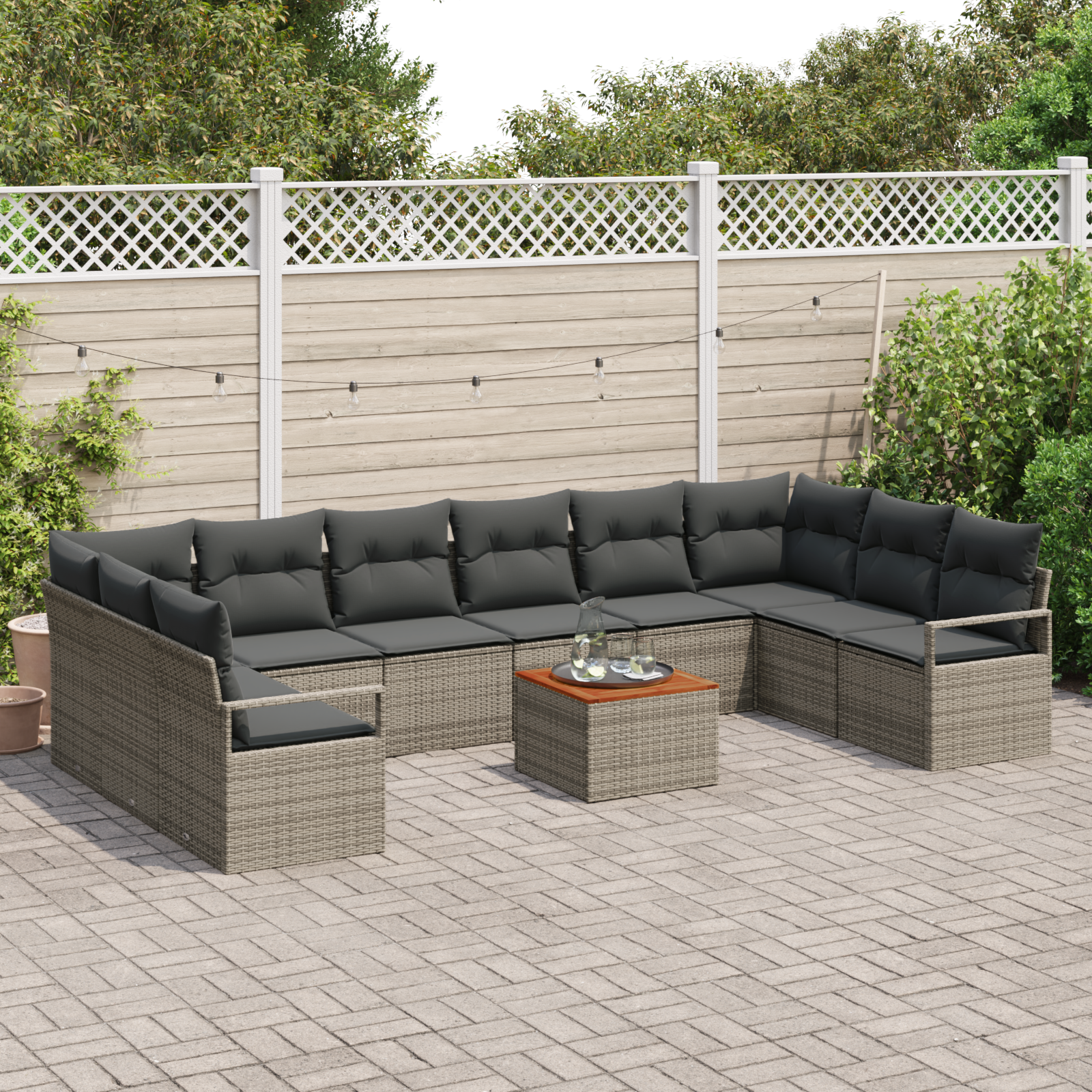 vidaXL 11-delige Tuinbank Set met Kussens Grijs Poly Rattan Acacia